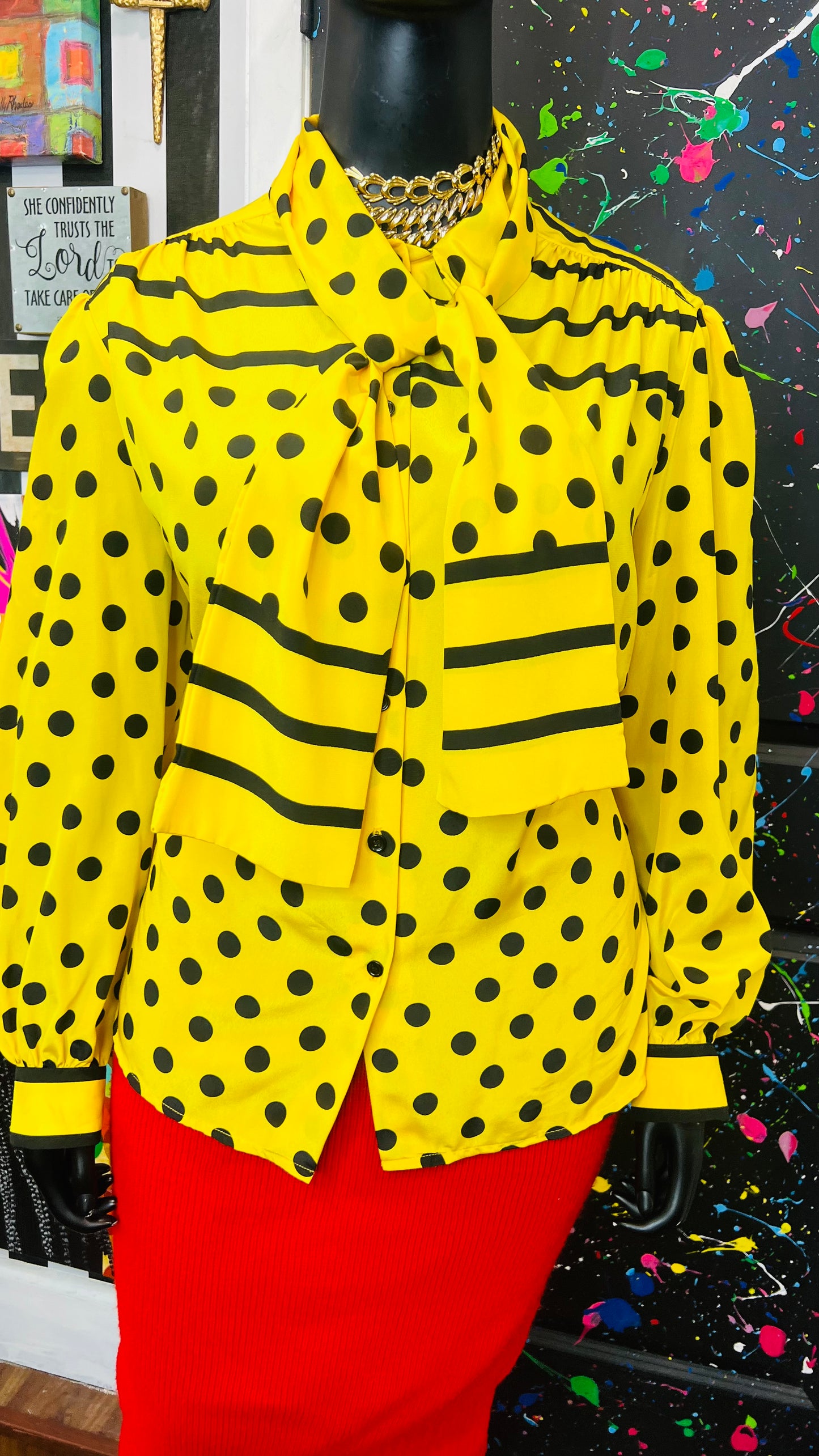 Vintage Yellow Stripes & Polka Dot Blouse (24W)