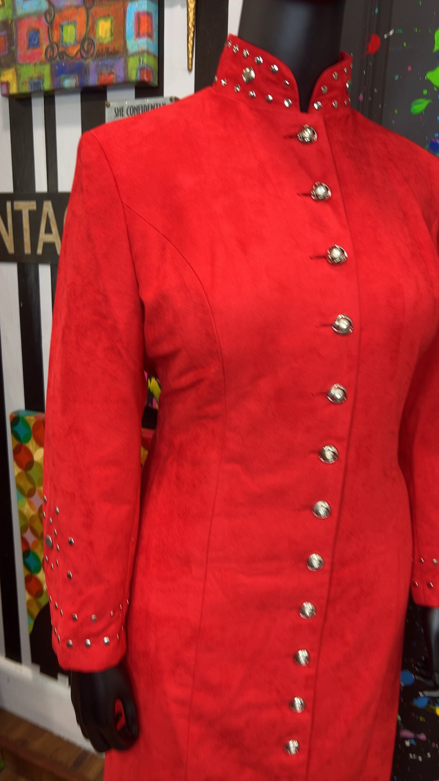 Vintage Studded Long Red Jacket & Skirt Suit (14W)
