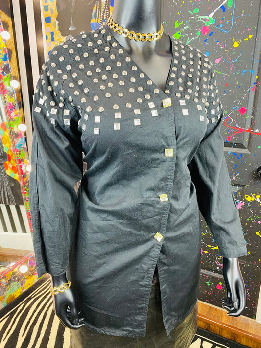 Vintage Black Silver Studded Long Sleeve Blouse