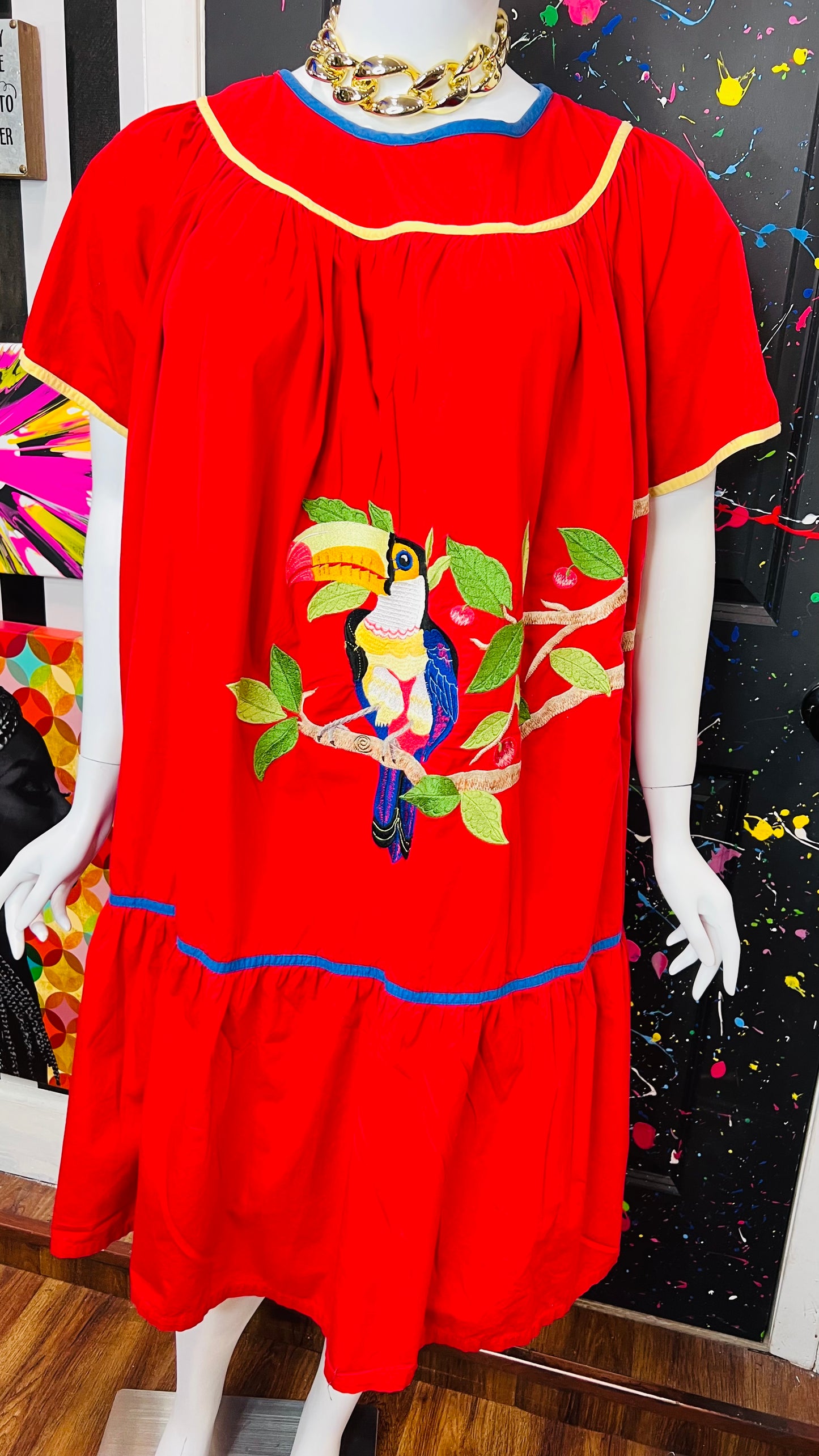 Vintage Cotton Red Parrot House Dress w/Pockets (22/24)
