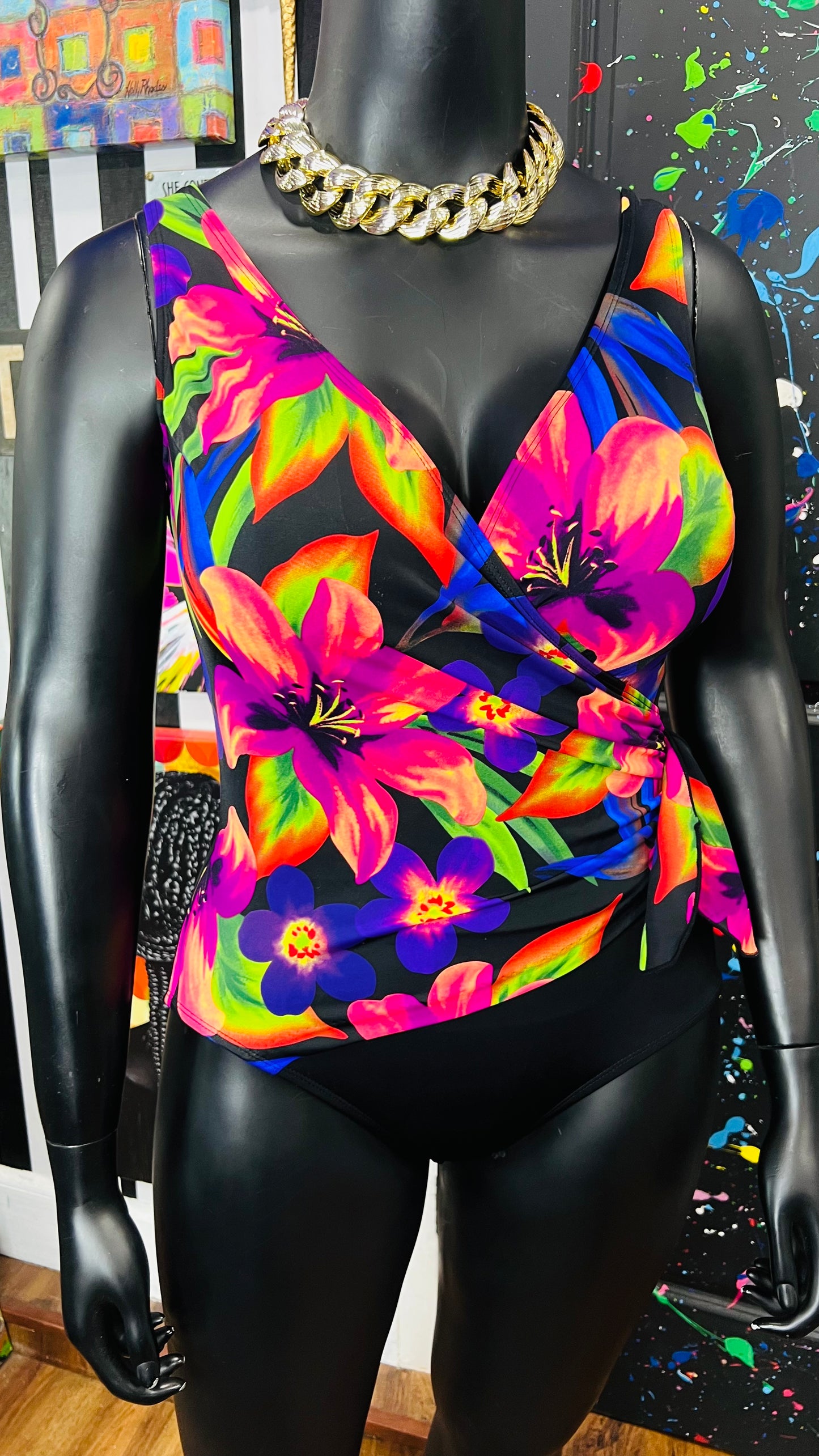 Vintage Black & Floral Neon Swimsuit (12)