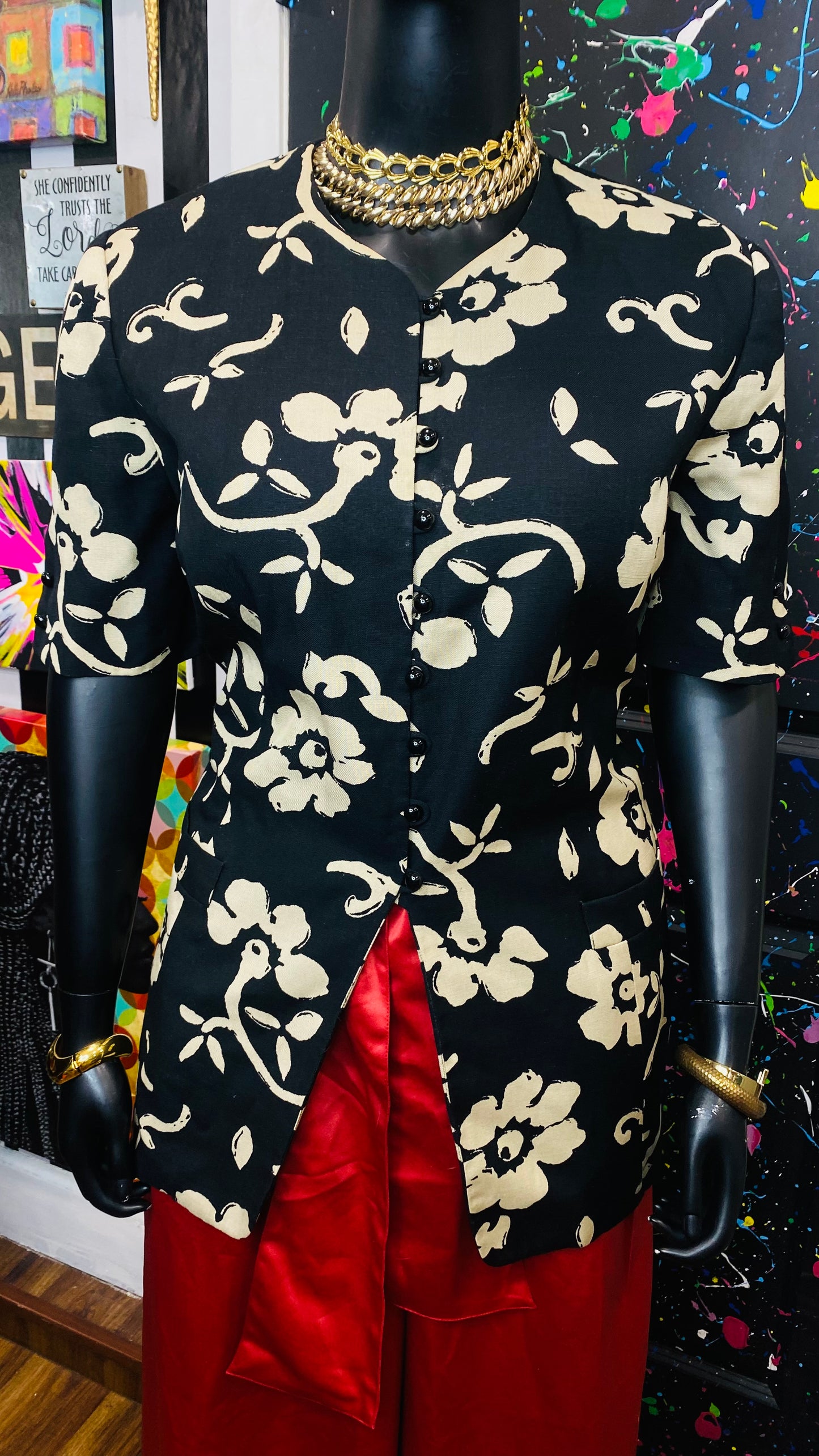Vintage Cream & Black Floral Blazer Blouse (20W)