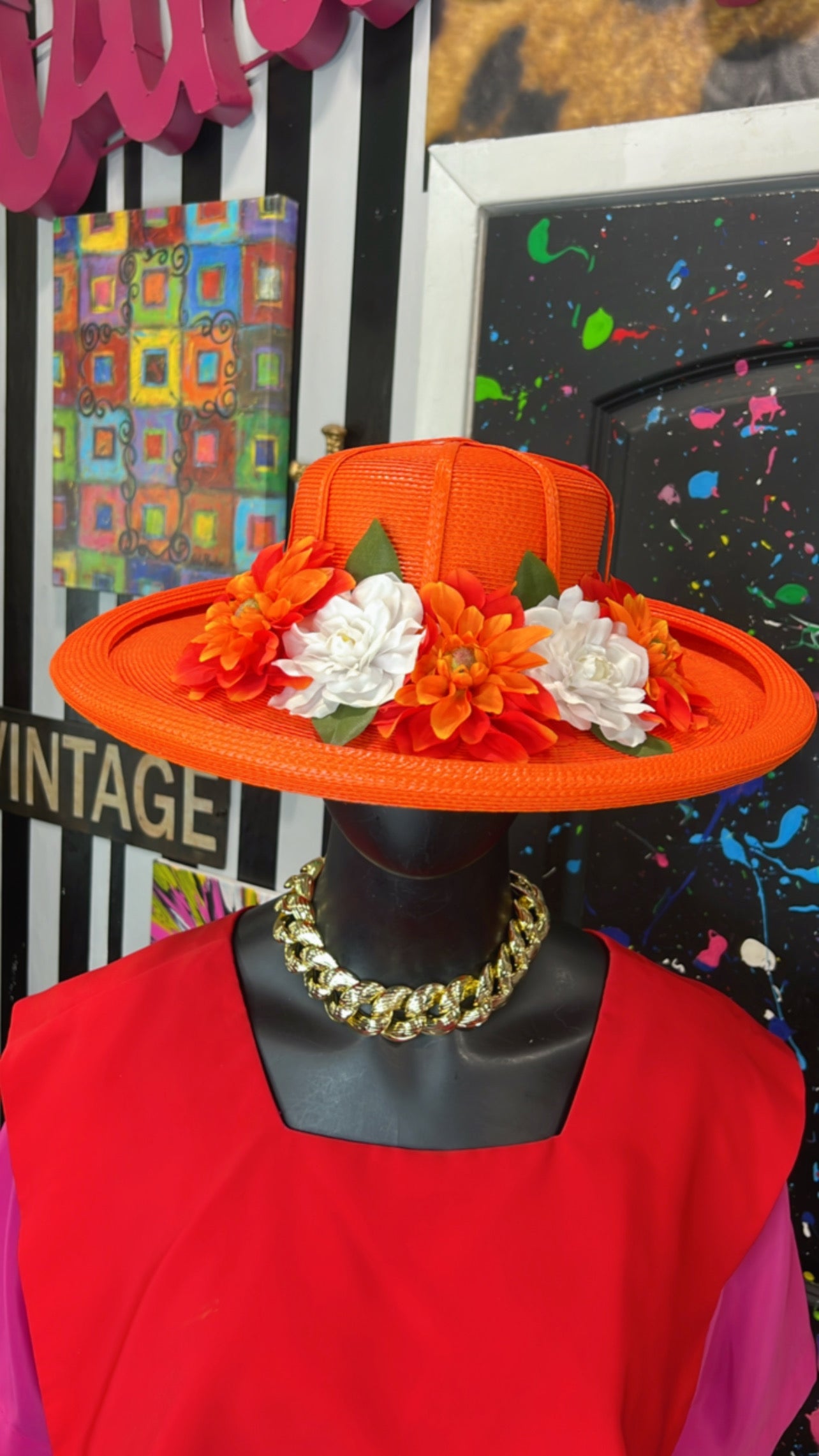 Vintage Straw Orange Floral Hat