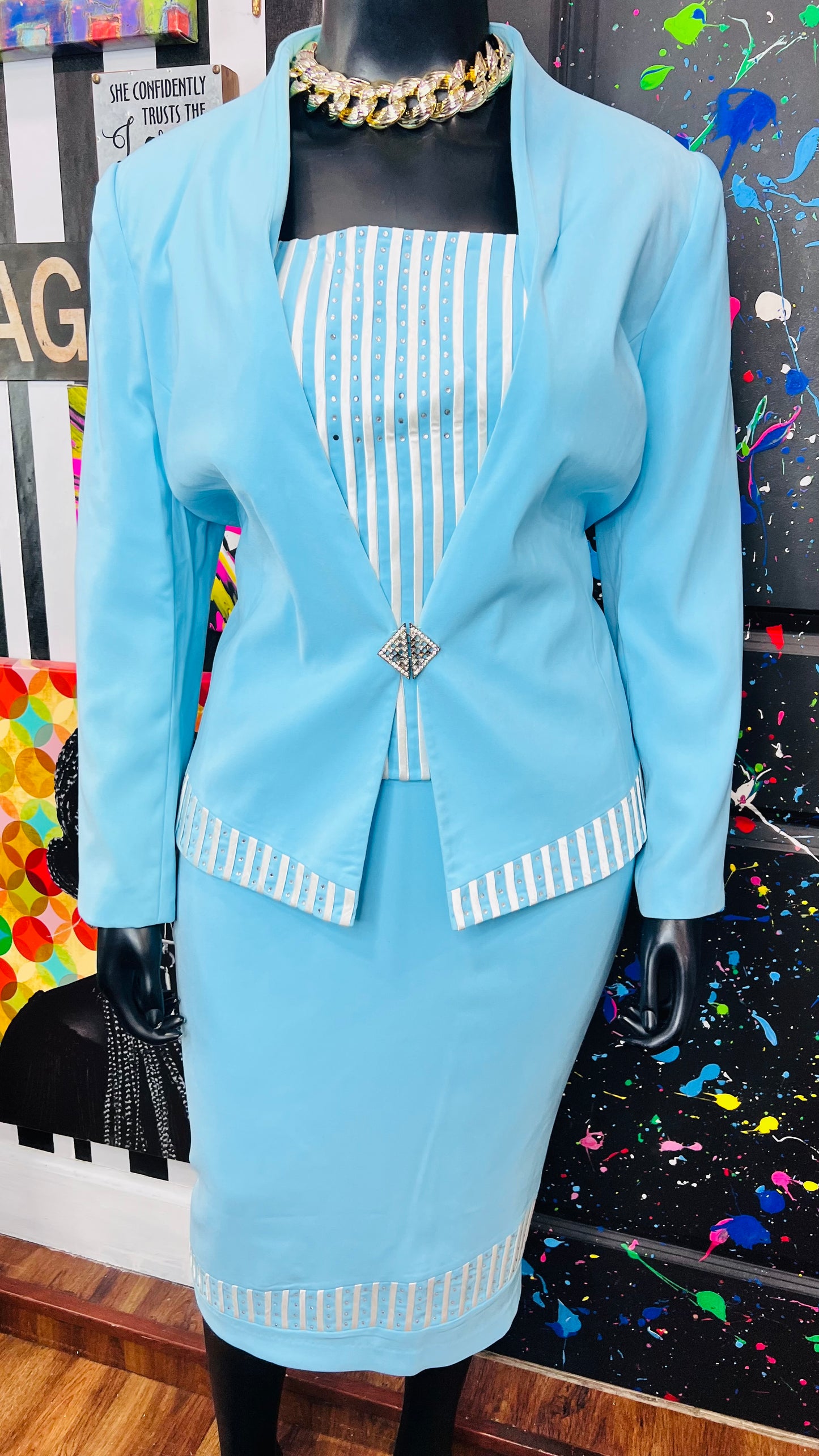 Vintage Blue & White Skirt Suit (18)