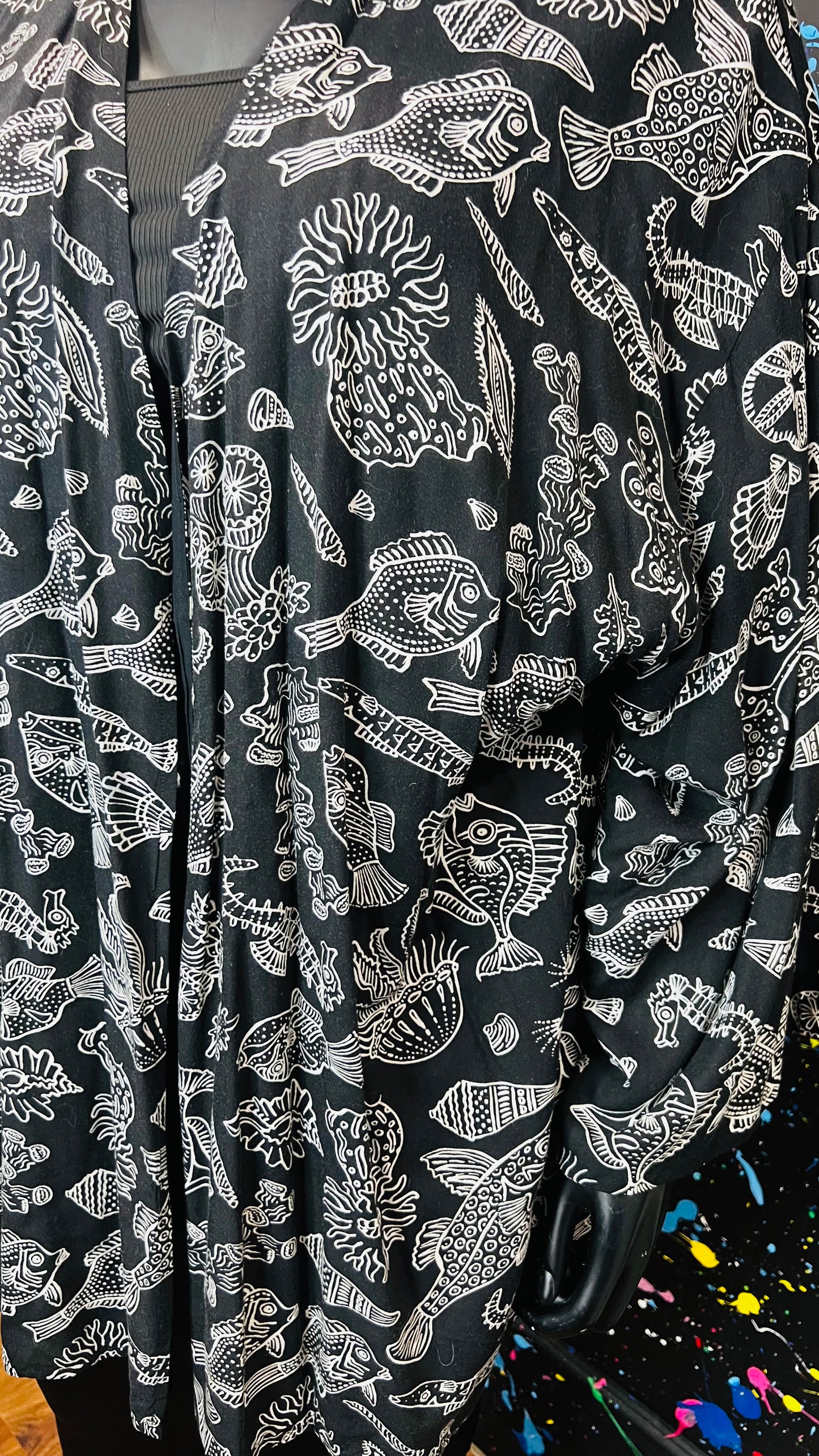 Vintage Fish Black & White Rayon Duster (OS)