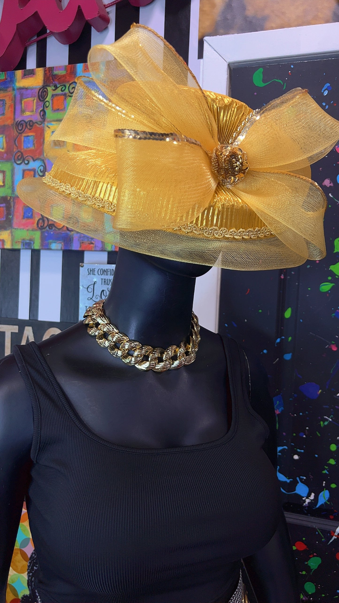Vintage Straw & Sequin Gold Bow Hat