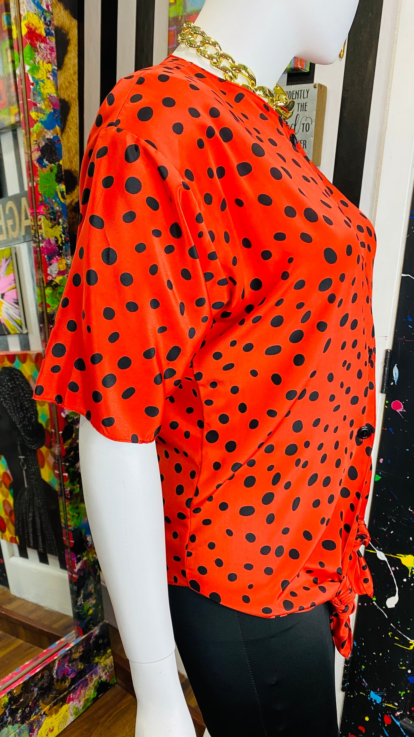 Vintage Tie Front Red & Black Polka Dot Blouse (18)