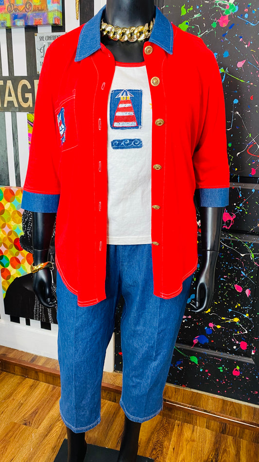 Vintage Cotton Red Blouse, Capri & Top Blouse Set (14/16)