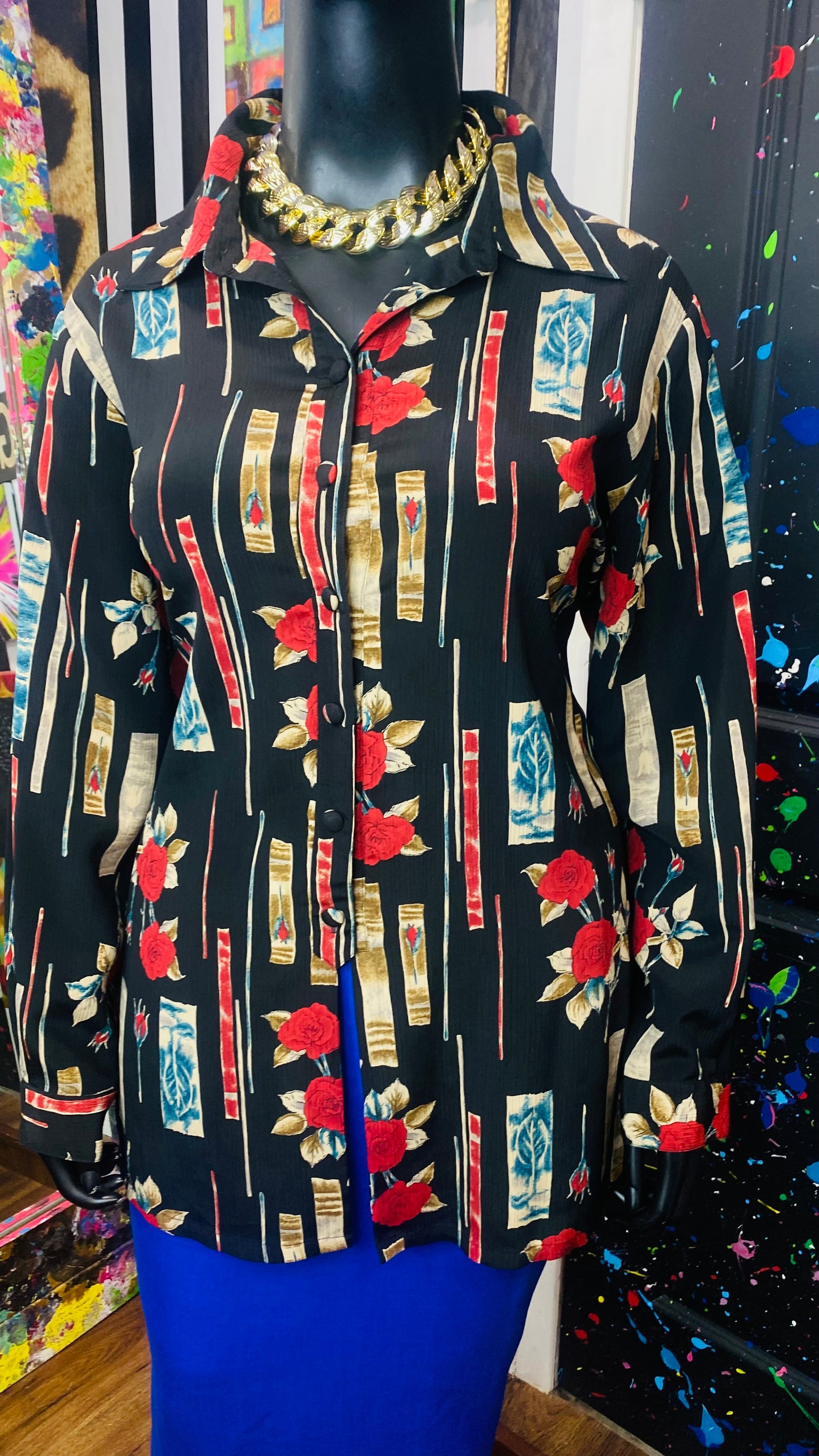 Vintage Black Blue & Red Rose Blouse (22)