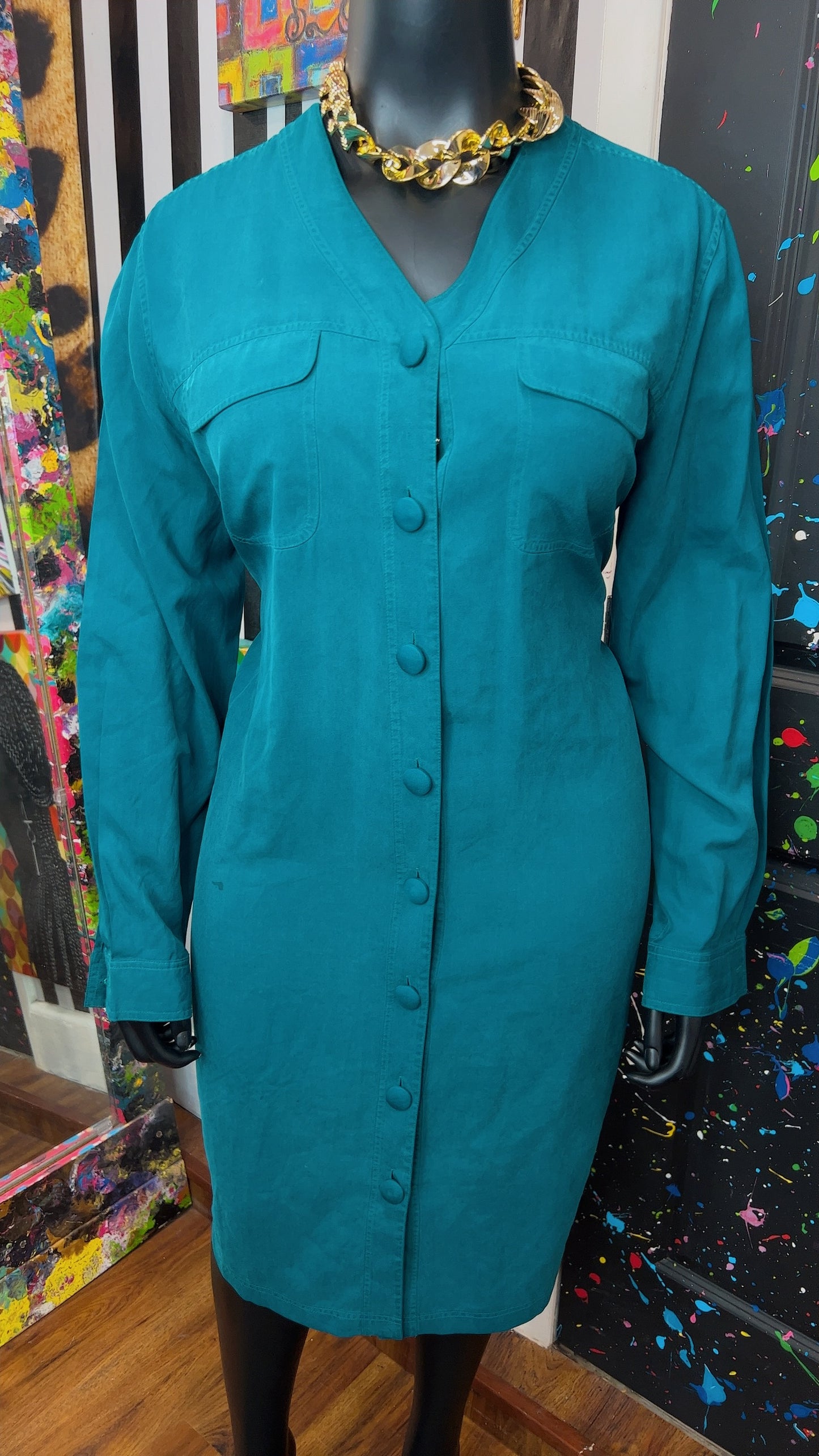 Vintage 100% Silk Teal Dress (18W)