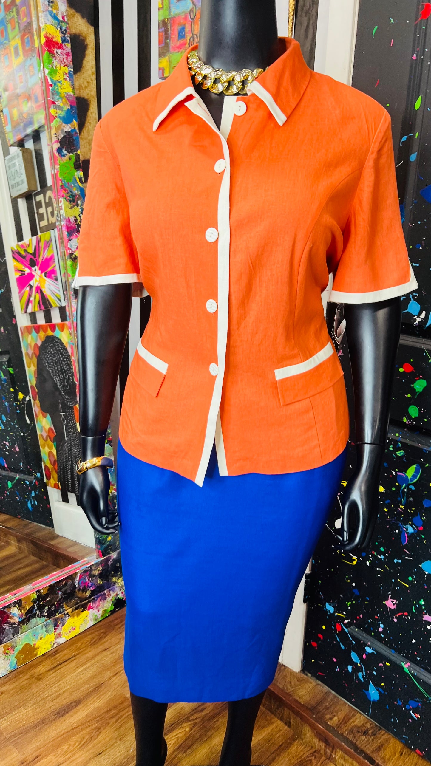 Vintage Deadstock Orange & White Blazer Blouse (20W)