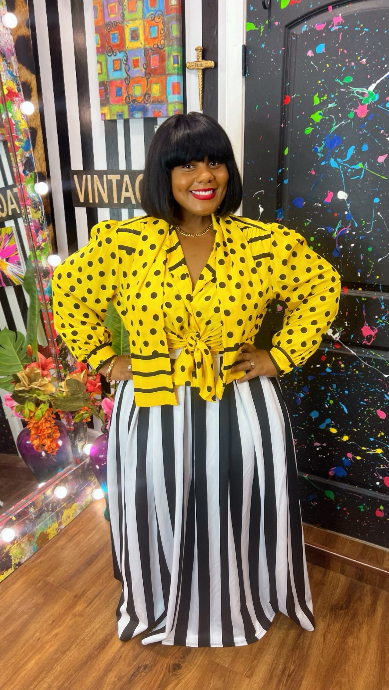 Vintage Yellow Stripes & Polka Dot Blouse (24W)