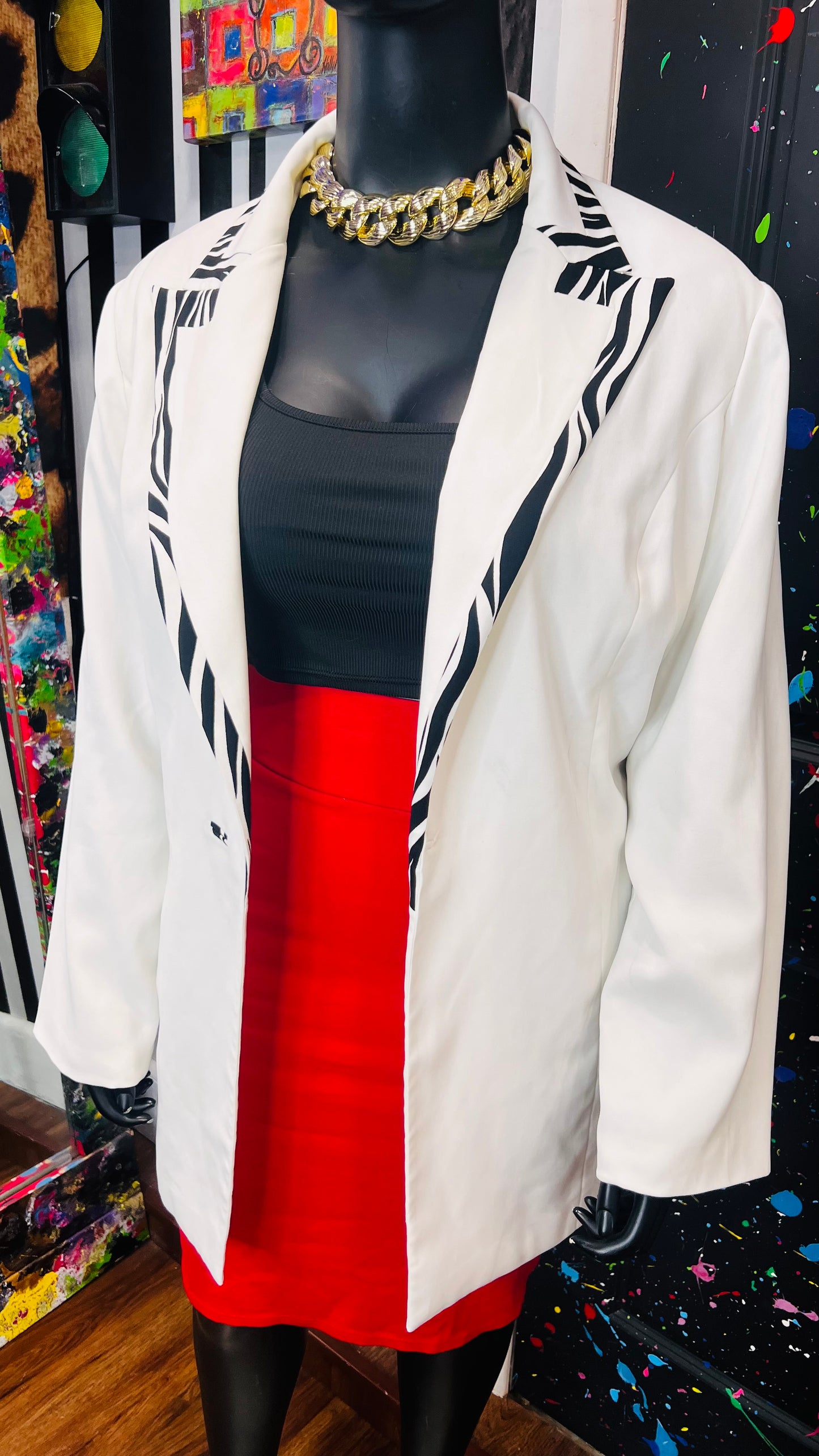 Plus Size Vintage Zebra Print Trim Blazer (22W)