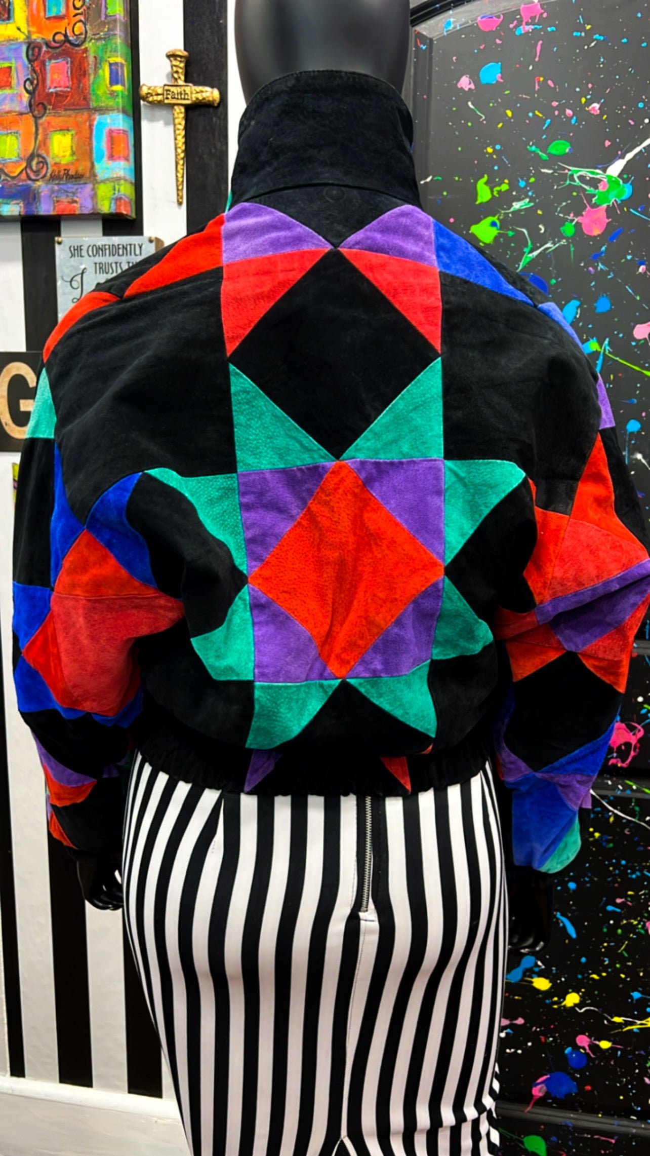 Plus Size Vintage Color Block Genuine Suede Leather Jacket (16)