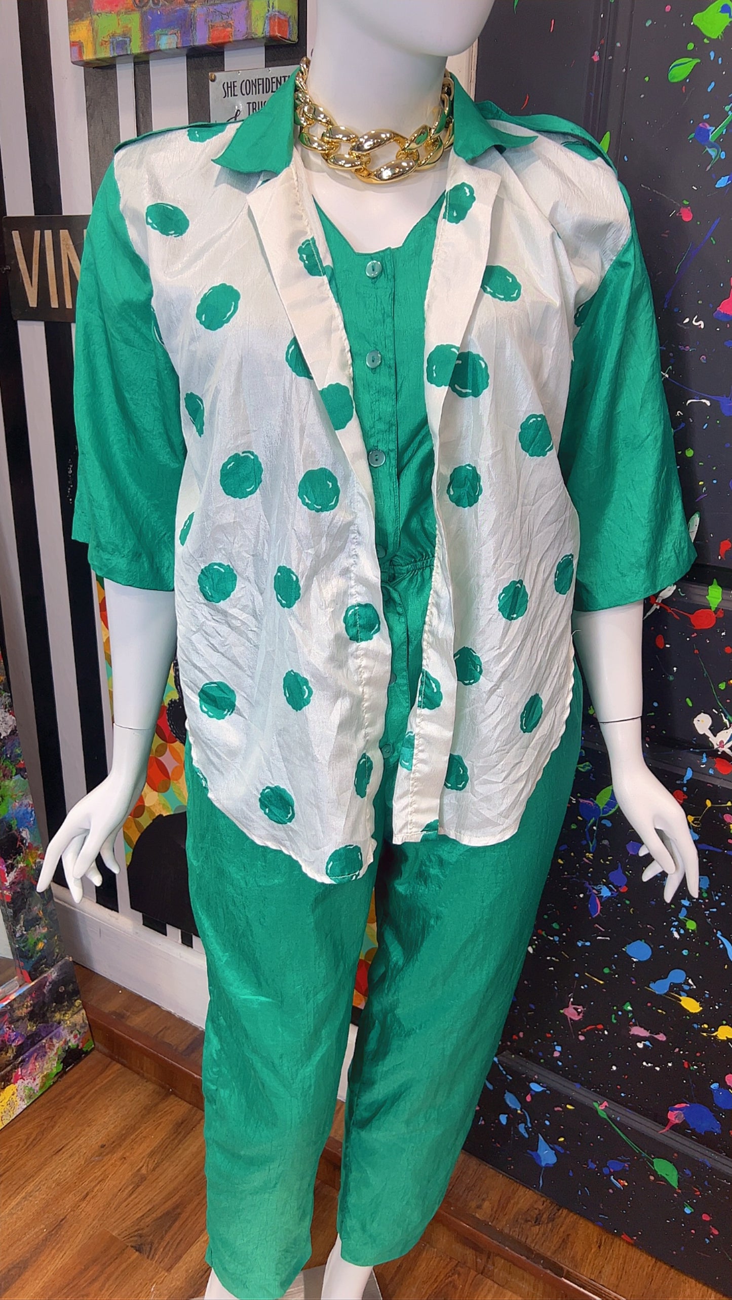 Vintage Green Jumpsuit w/ White & Green Polka Dots (14W)