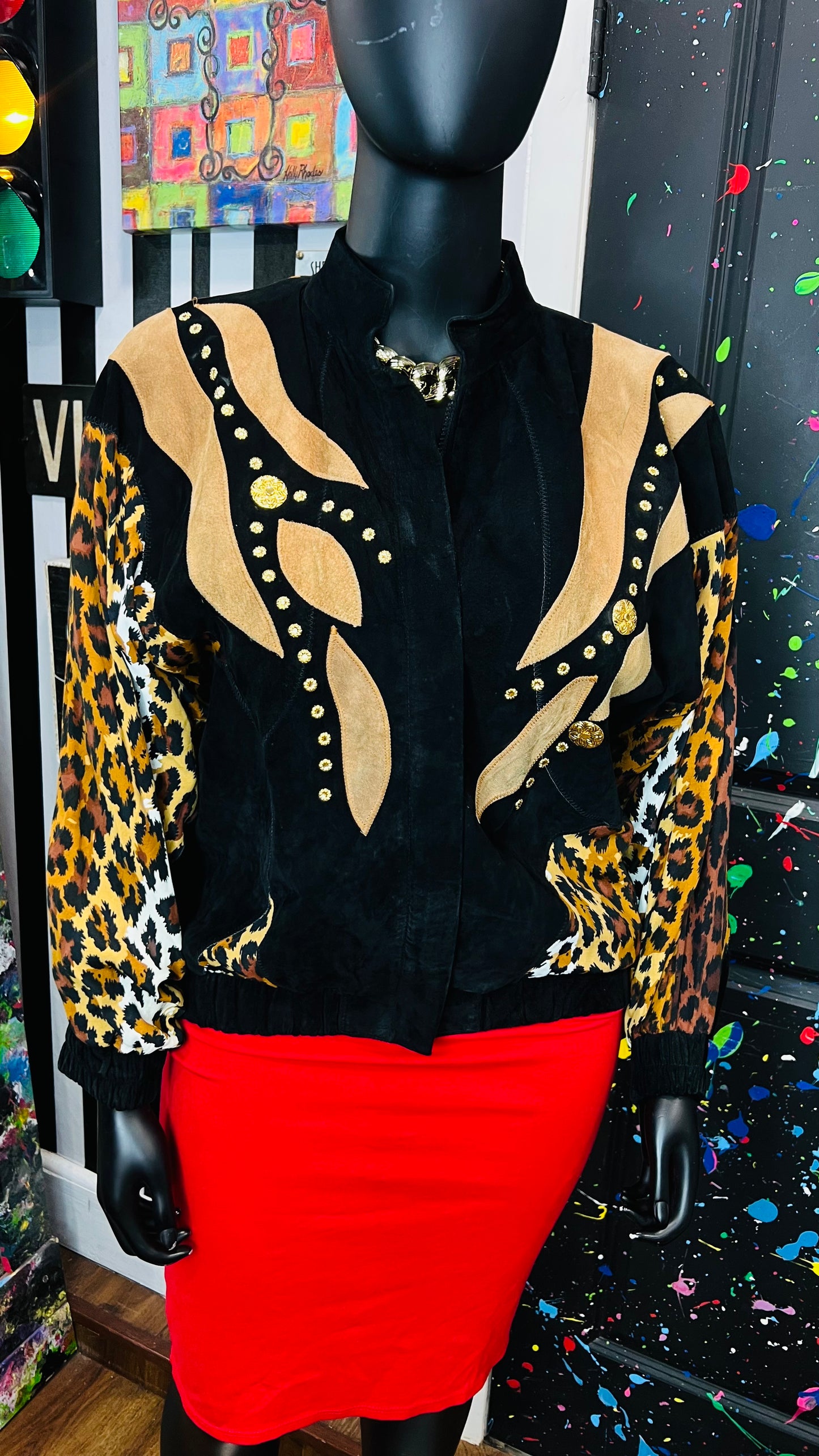 Vintage Genuine Suede Leather & Rayon Studded Animal Print Jacket (16/18)