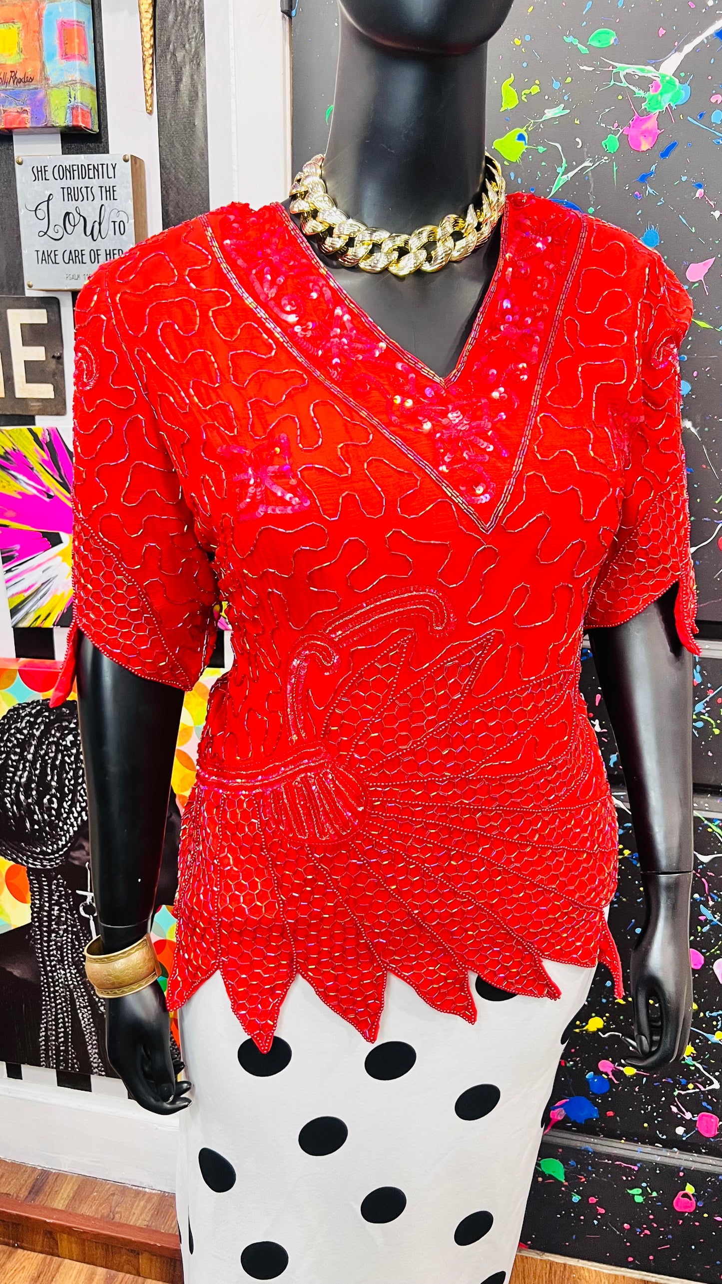 Vintage 100% Silk Red Sequin Blouse (24)