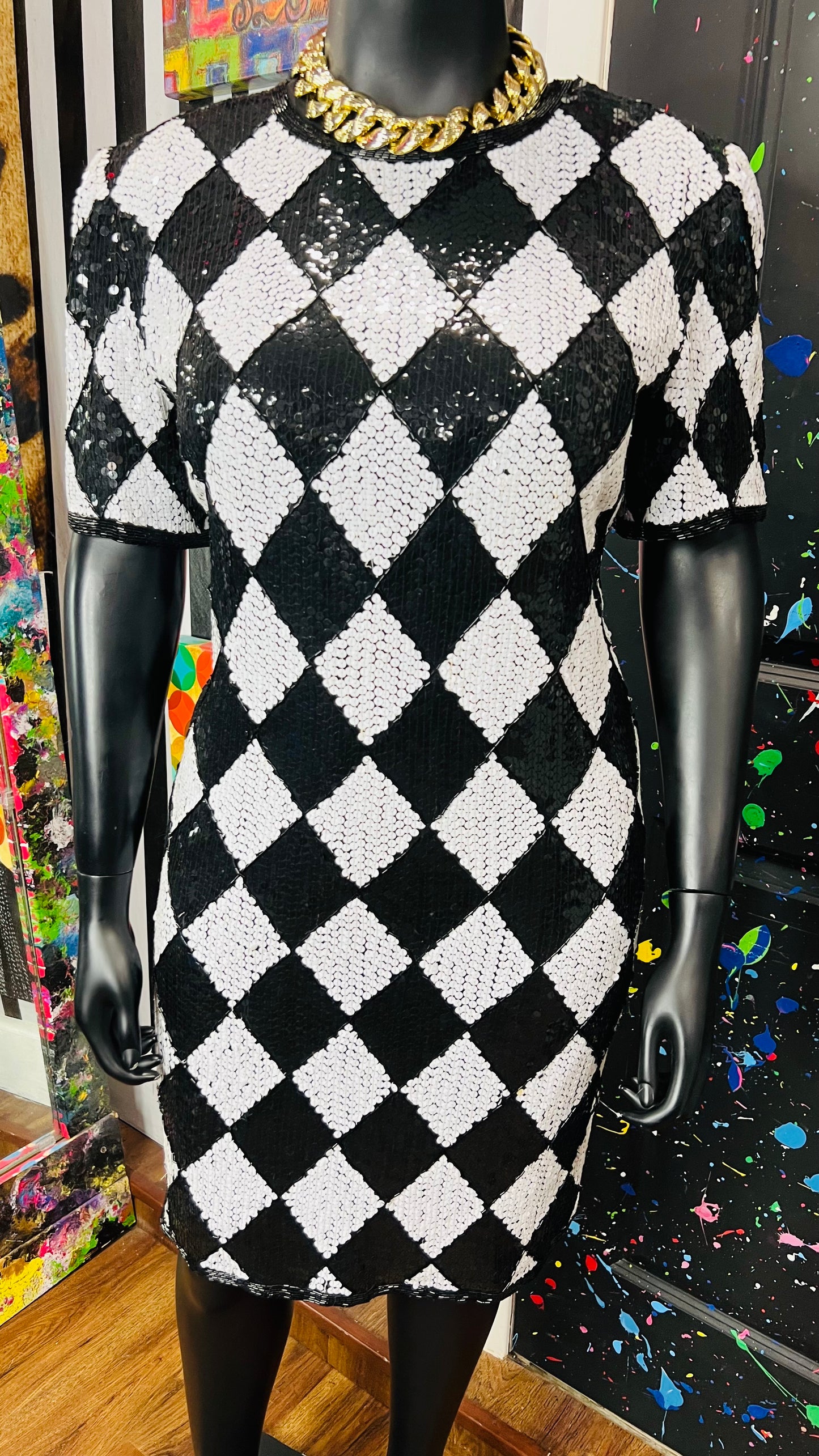 Vintage Black & White 100% Silk Sequin Dress (14)