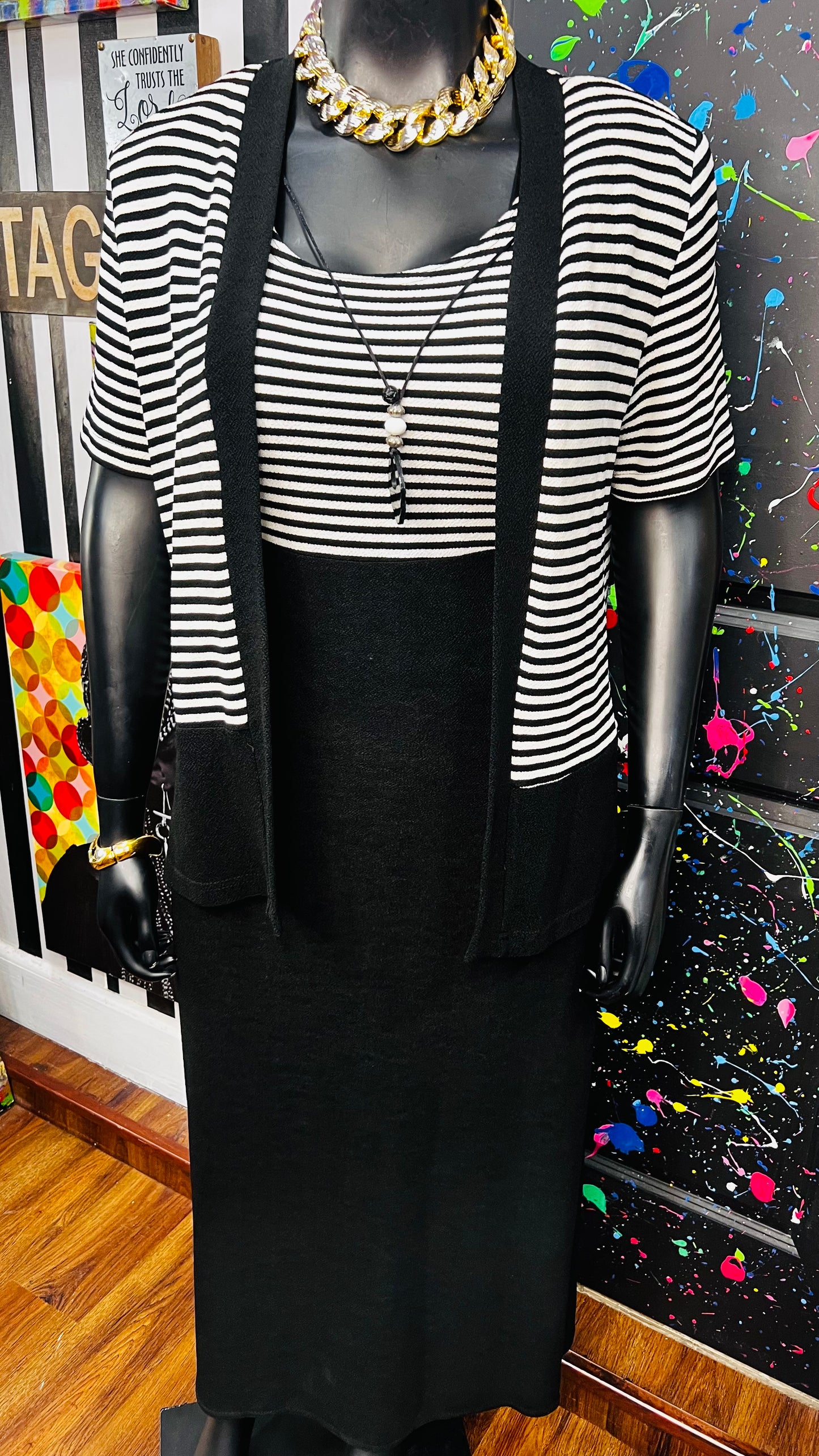 Vintage Black & White Striped Dress Set - Stretchy & Comfy (14)