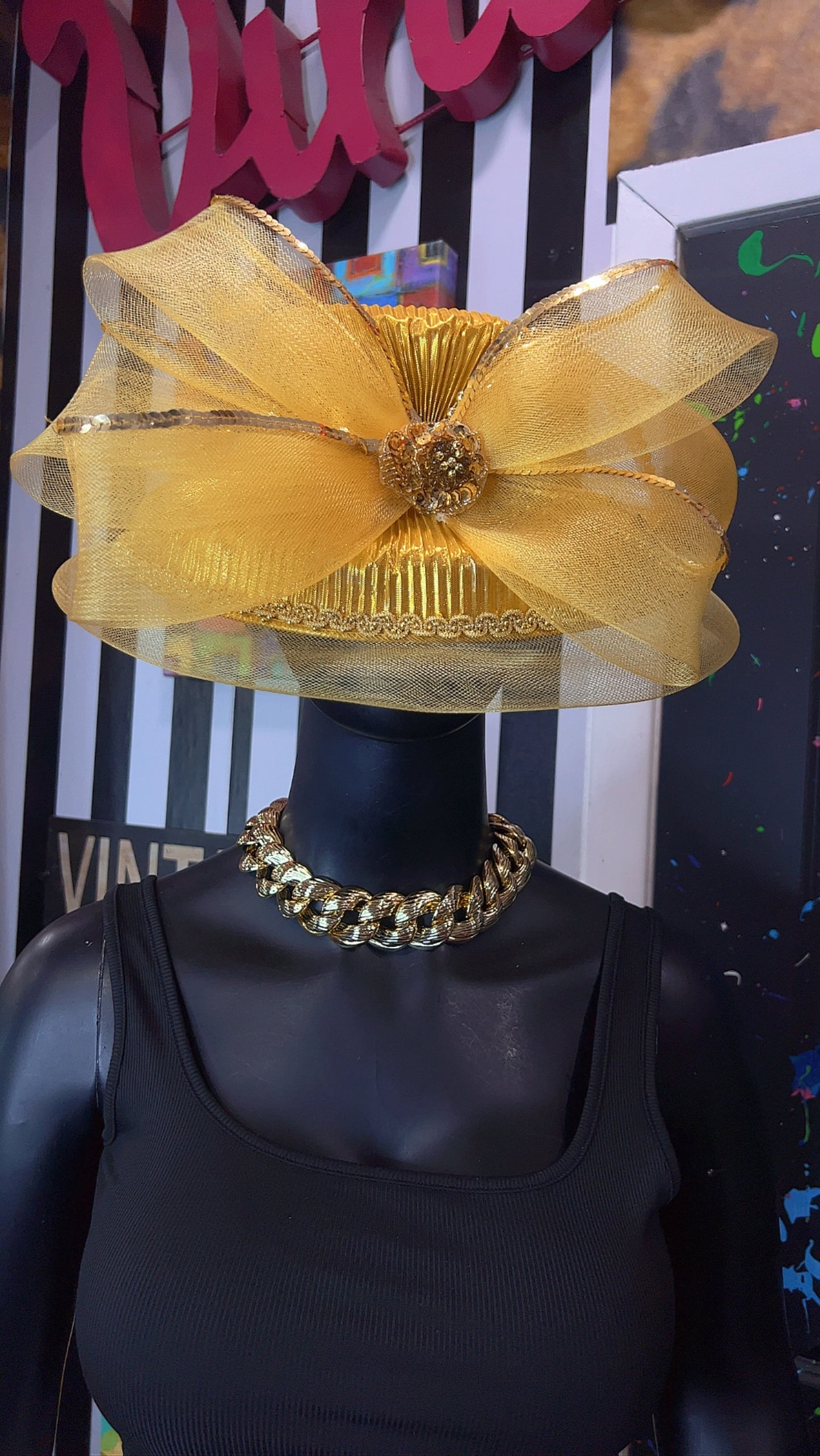 Vintage Straw & Sequin Gold Bow Hat