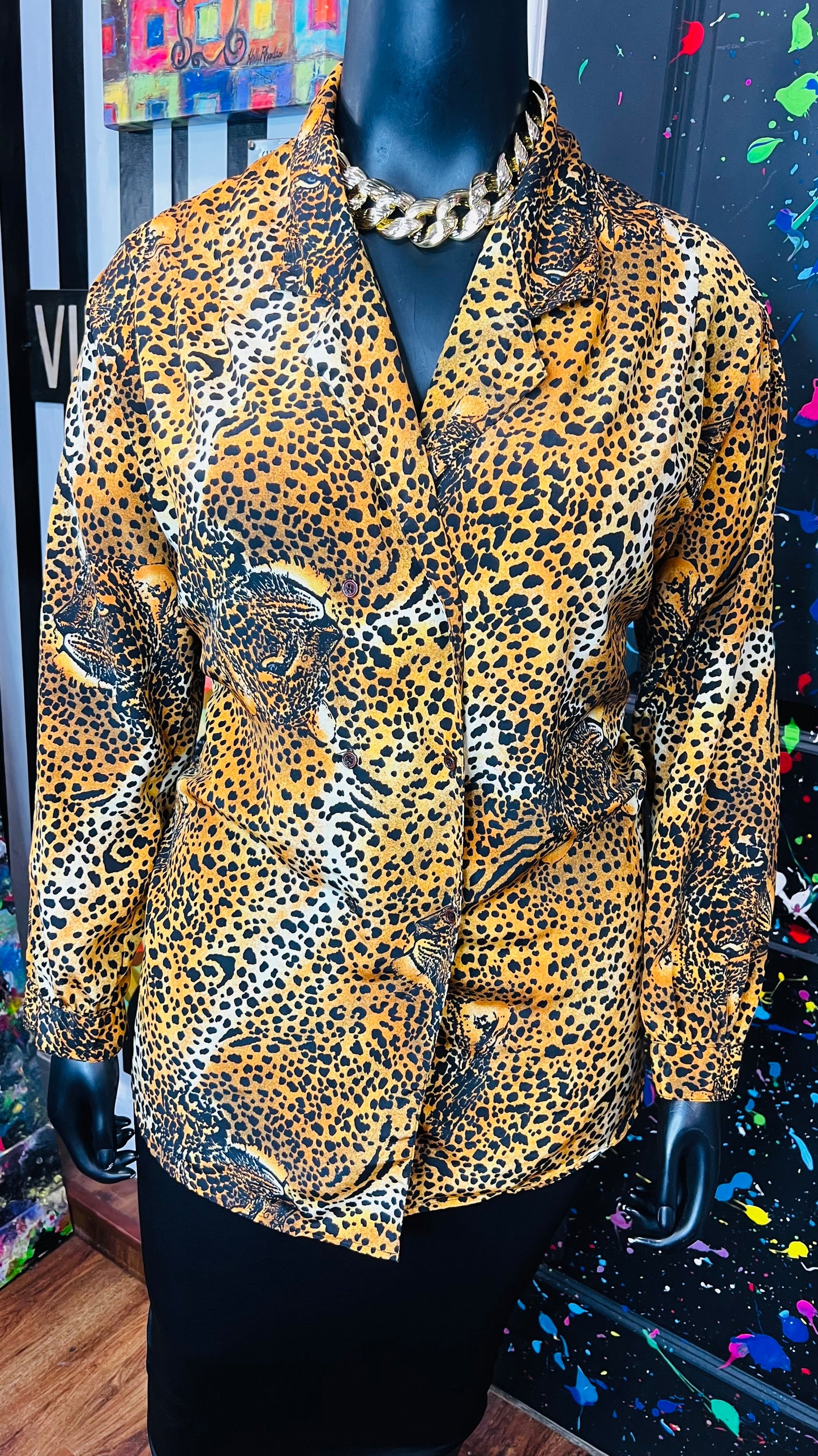 Vintage Dounle Breasted Leopard Print Blouse