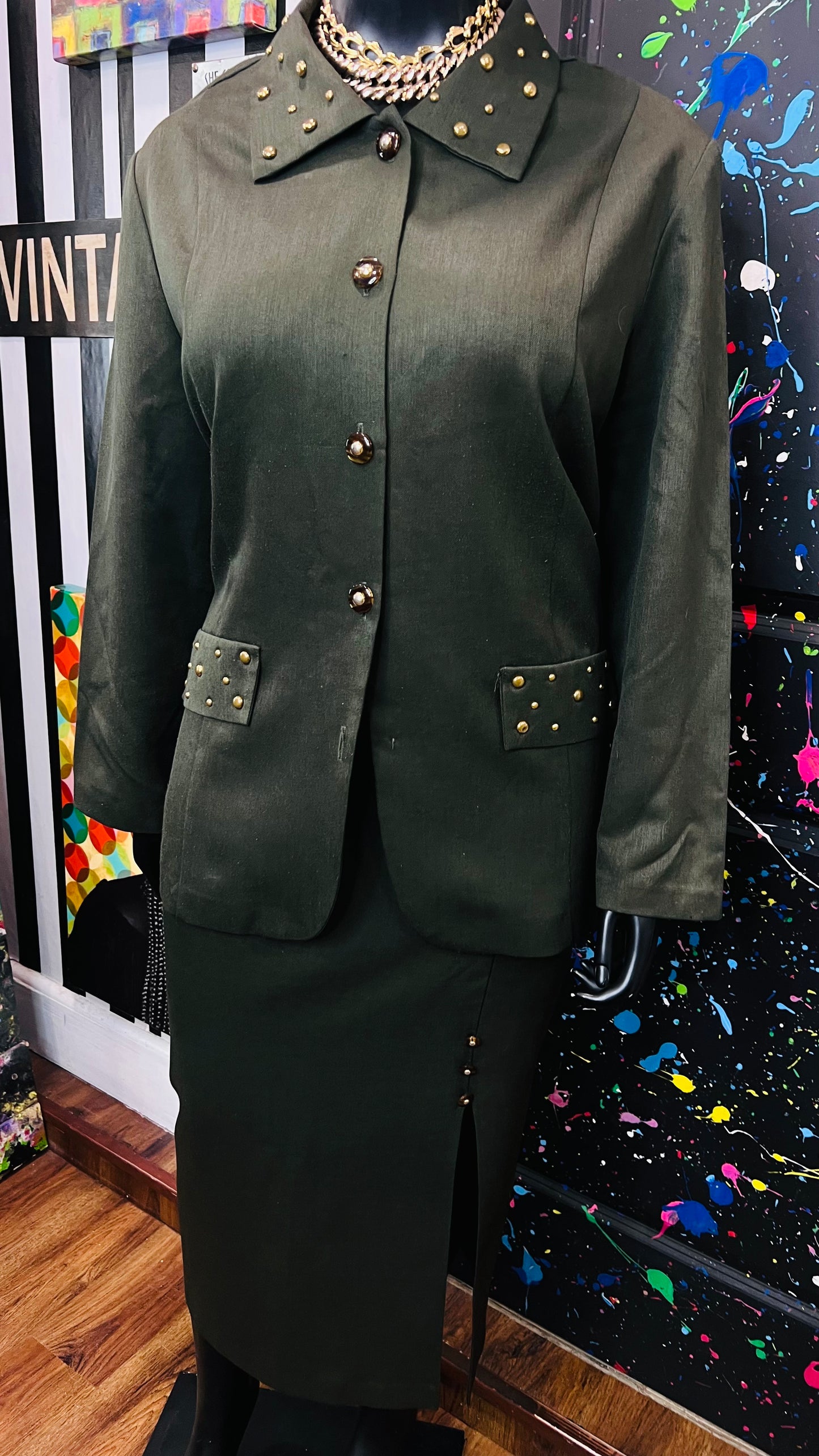 Vintage Army Green Studded Skirt Set (24W)
