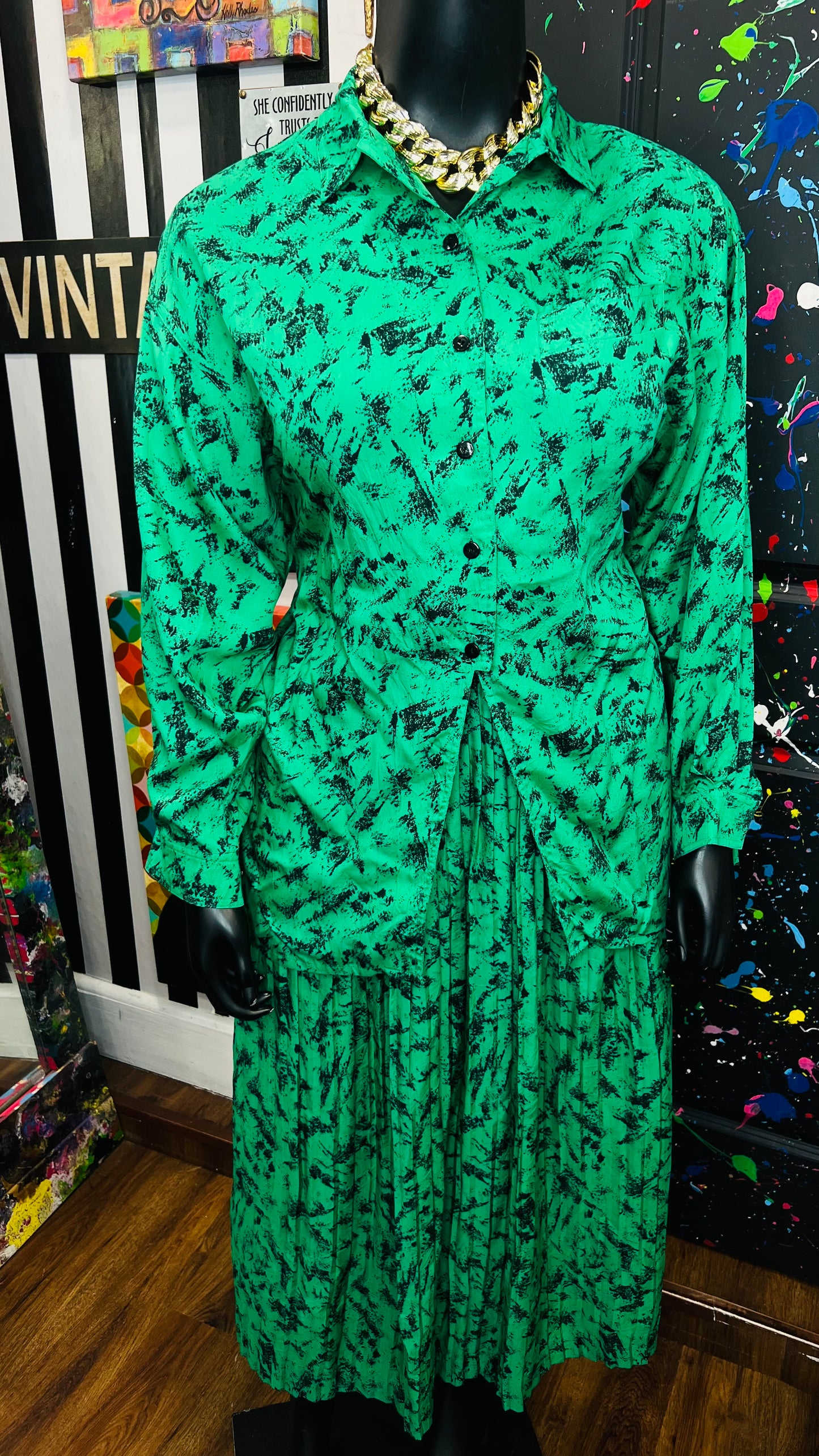 Vintage Green & Black Abstract Skirt Set (16/18)