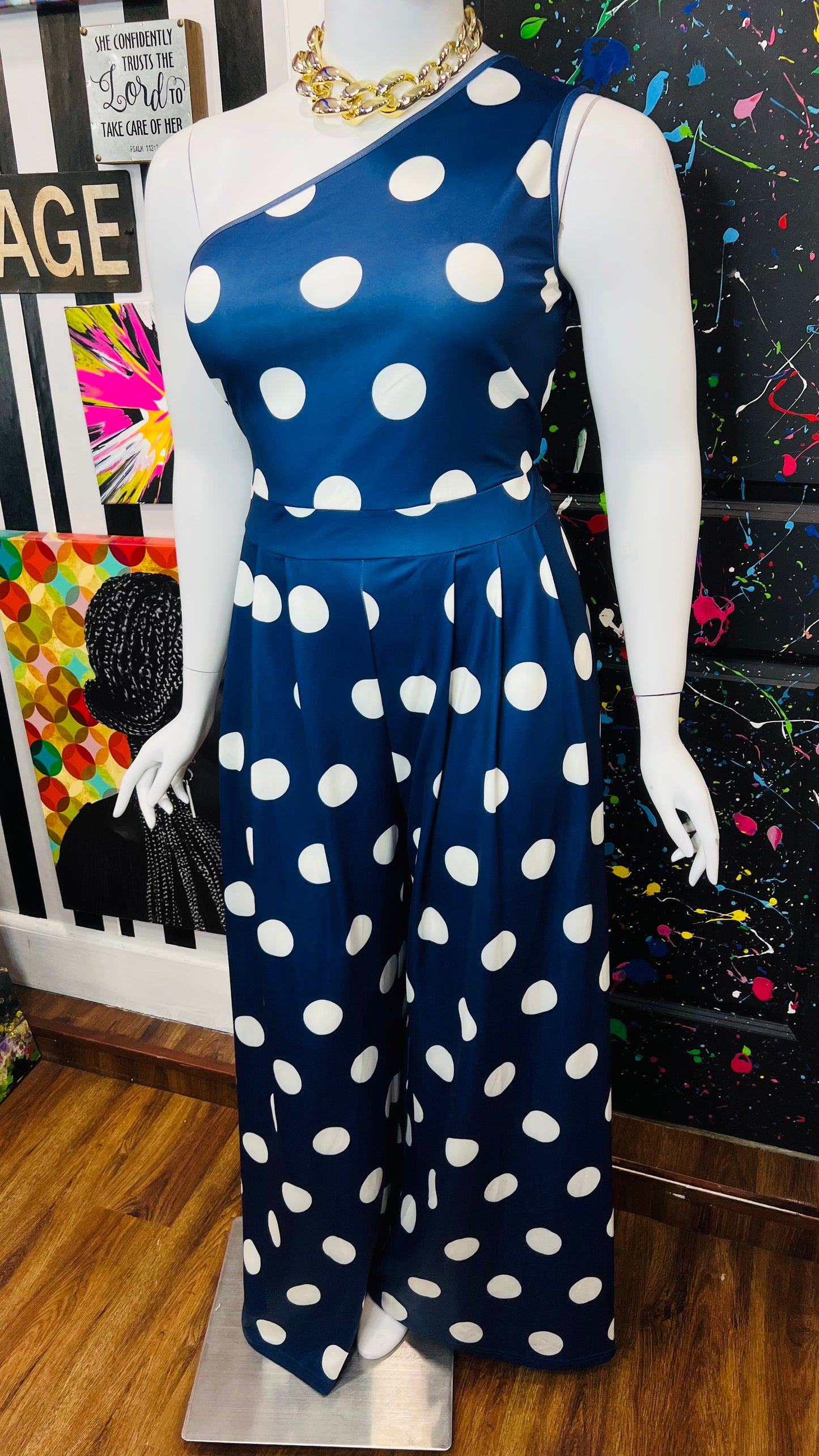 Vintage Inspired New w/ Tags Navy Blue & White Polka Dot Jumpsuit (18/20)