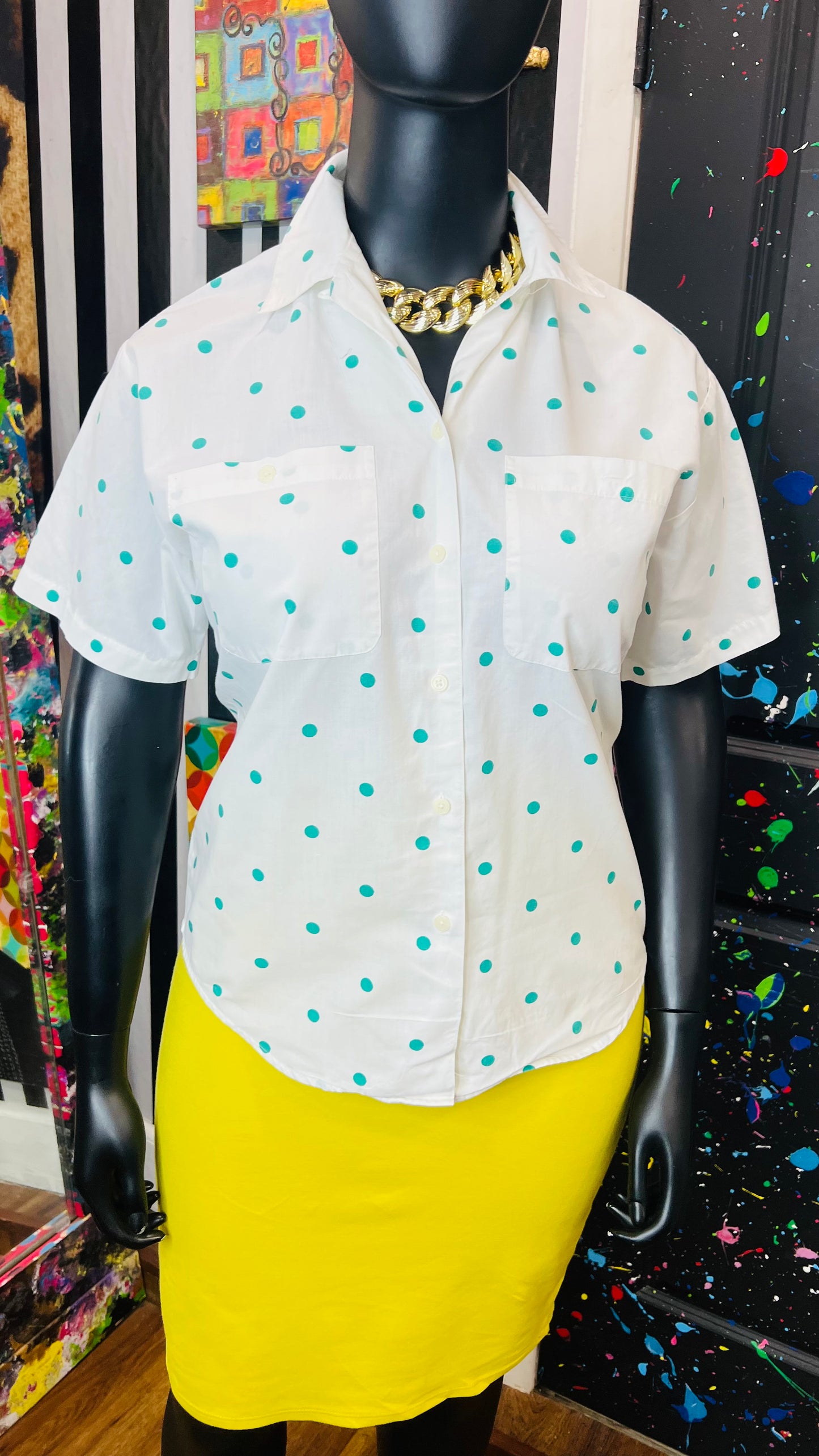 Vintage Teal & White Polka Dot Blouse (16)
