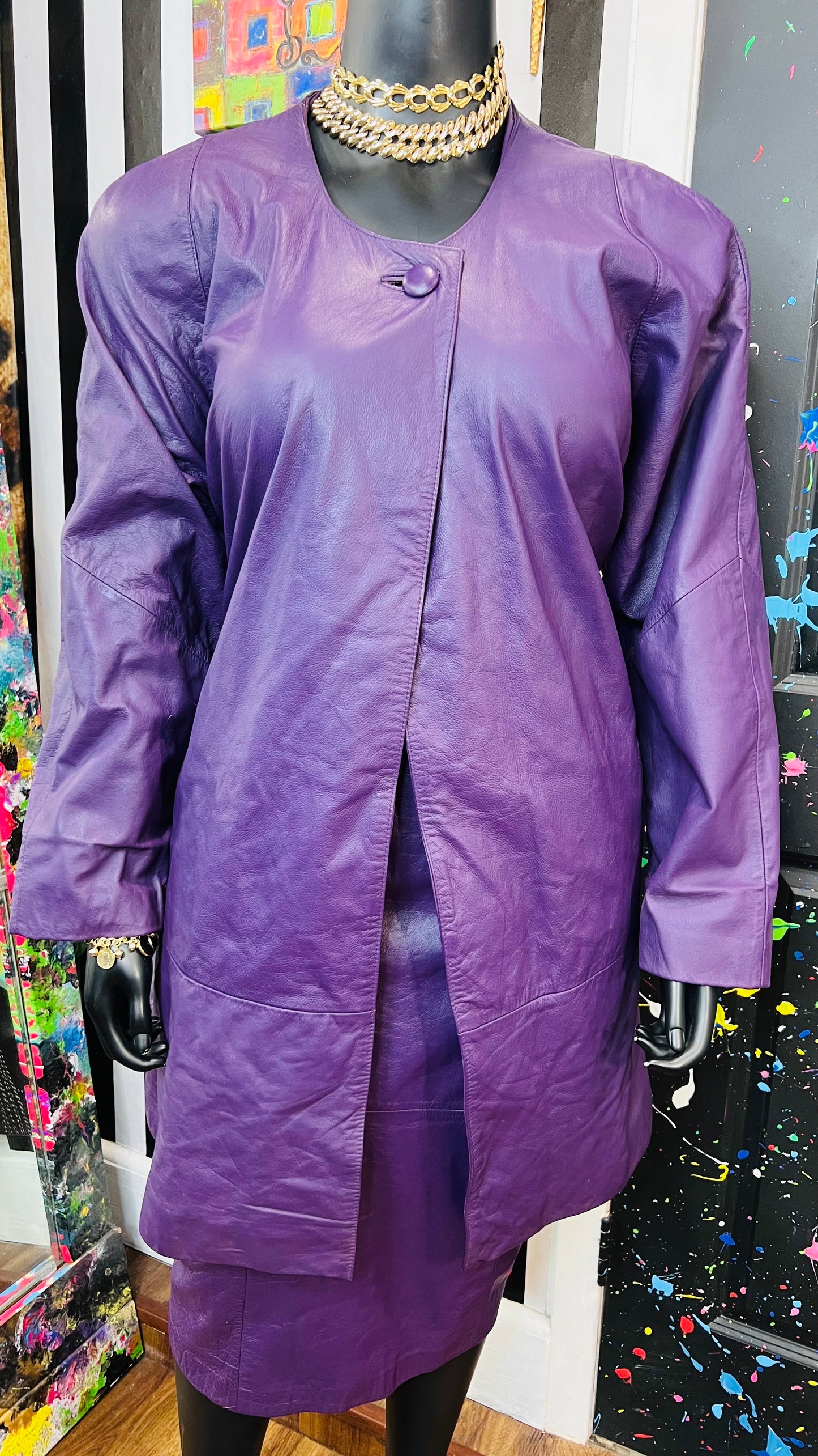 Vintage Genuine Leather Purple Swing Coat & Skirt Set (22)