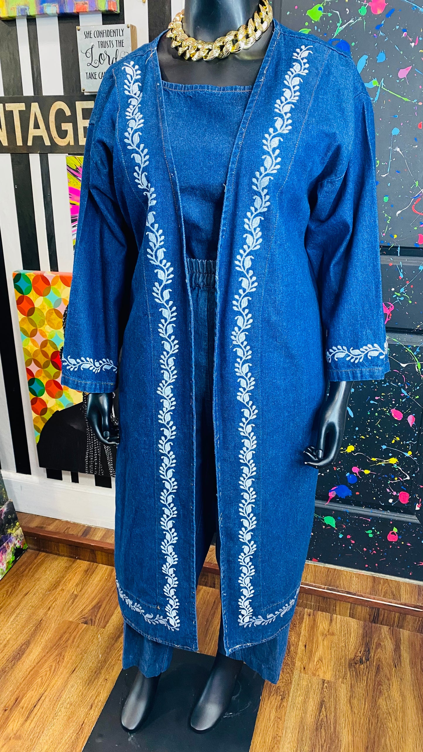 Vintage Denim Embroidered 3 Piece Pants Set (16/18)