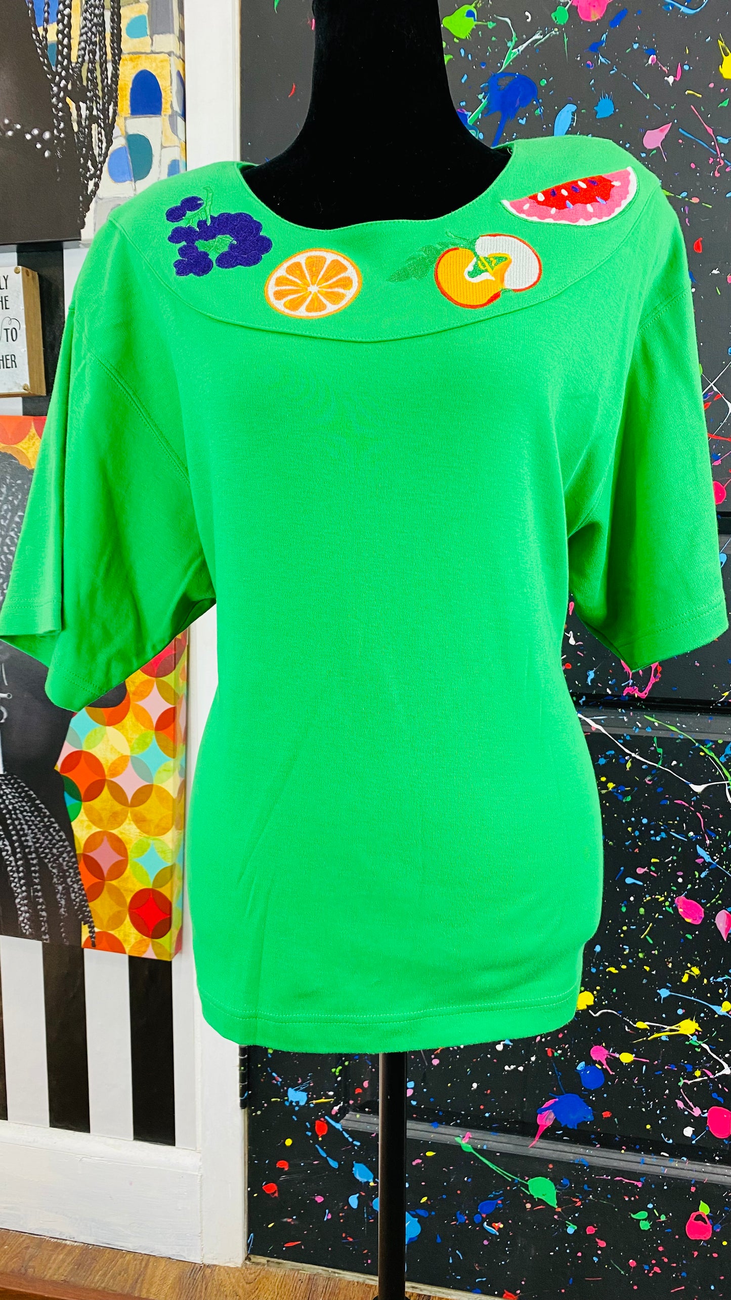 Vintage Green Fruit Print Short Sleeve Blouse