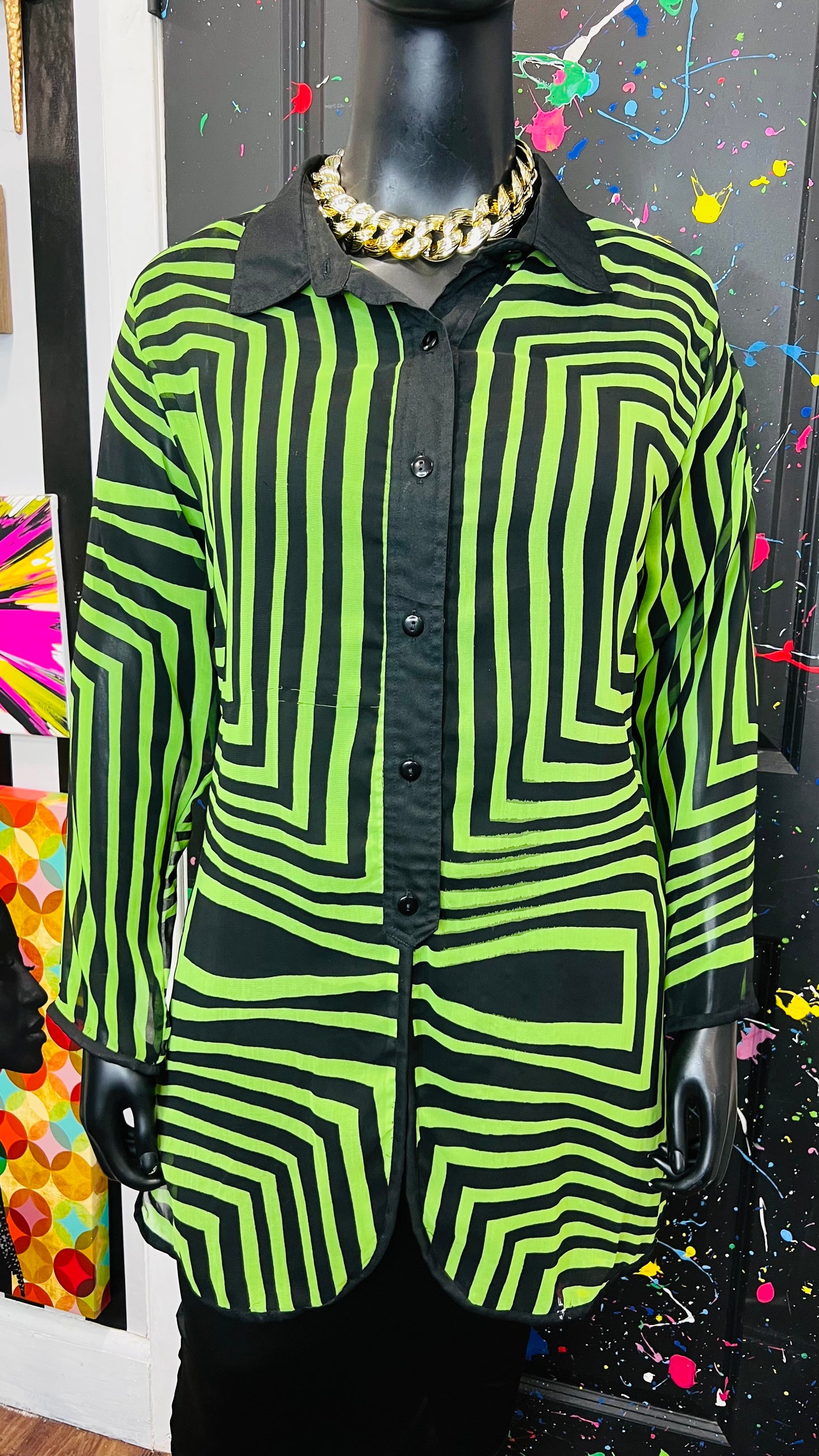 Vintage Green & Black Flowy Blouse/Swimsuit Cover (18)