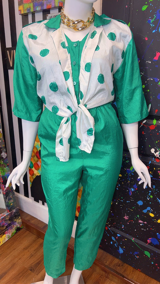 Vintage Green Jumpsuit w/ White & Green Polka Dots (14W)