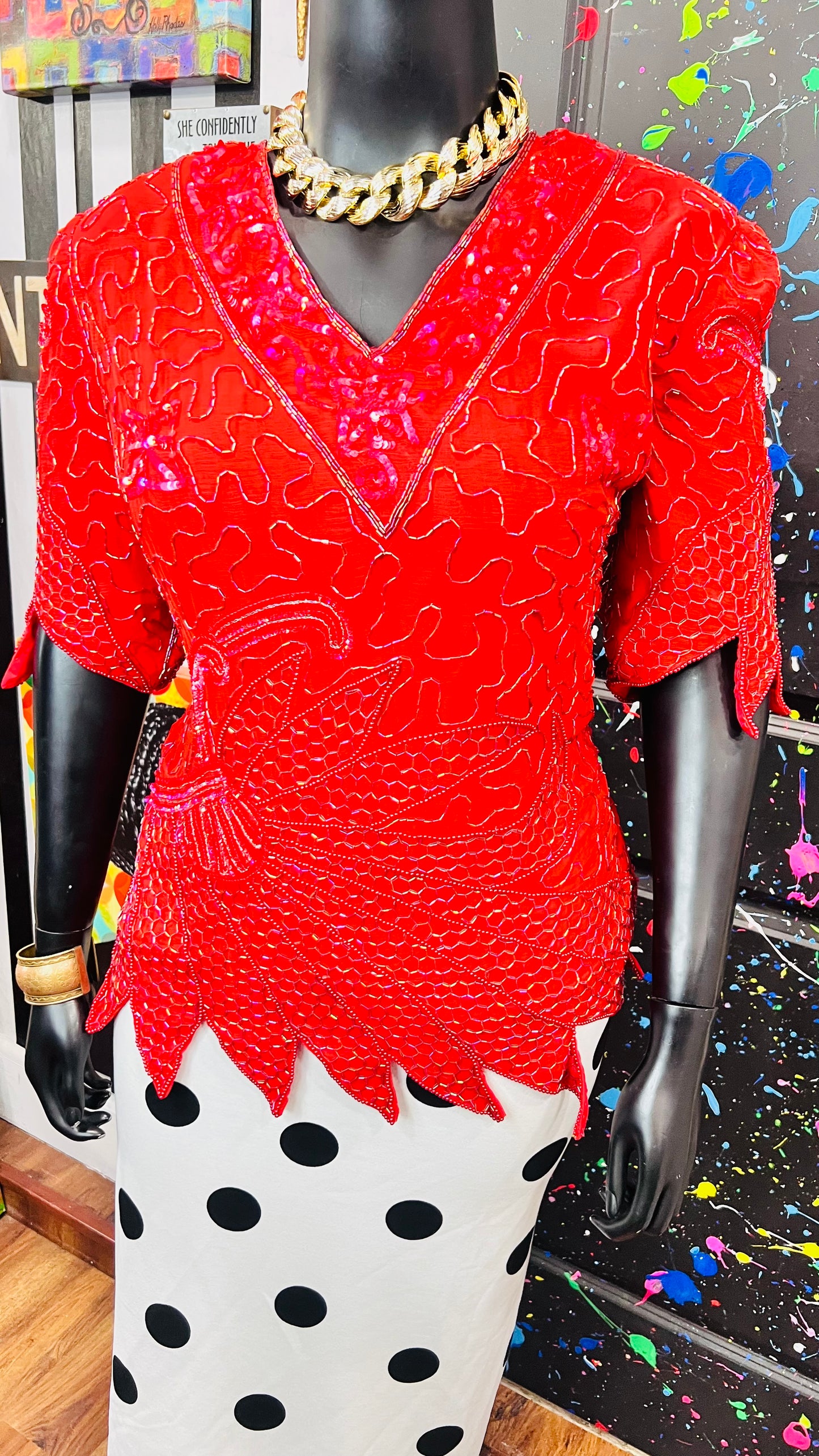 Vintage 100% Silk Red Sequin Blouse (24)