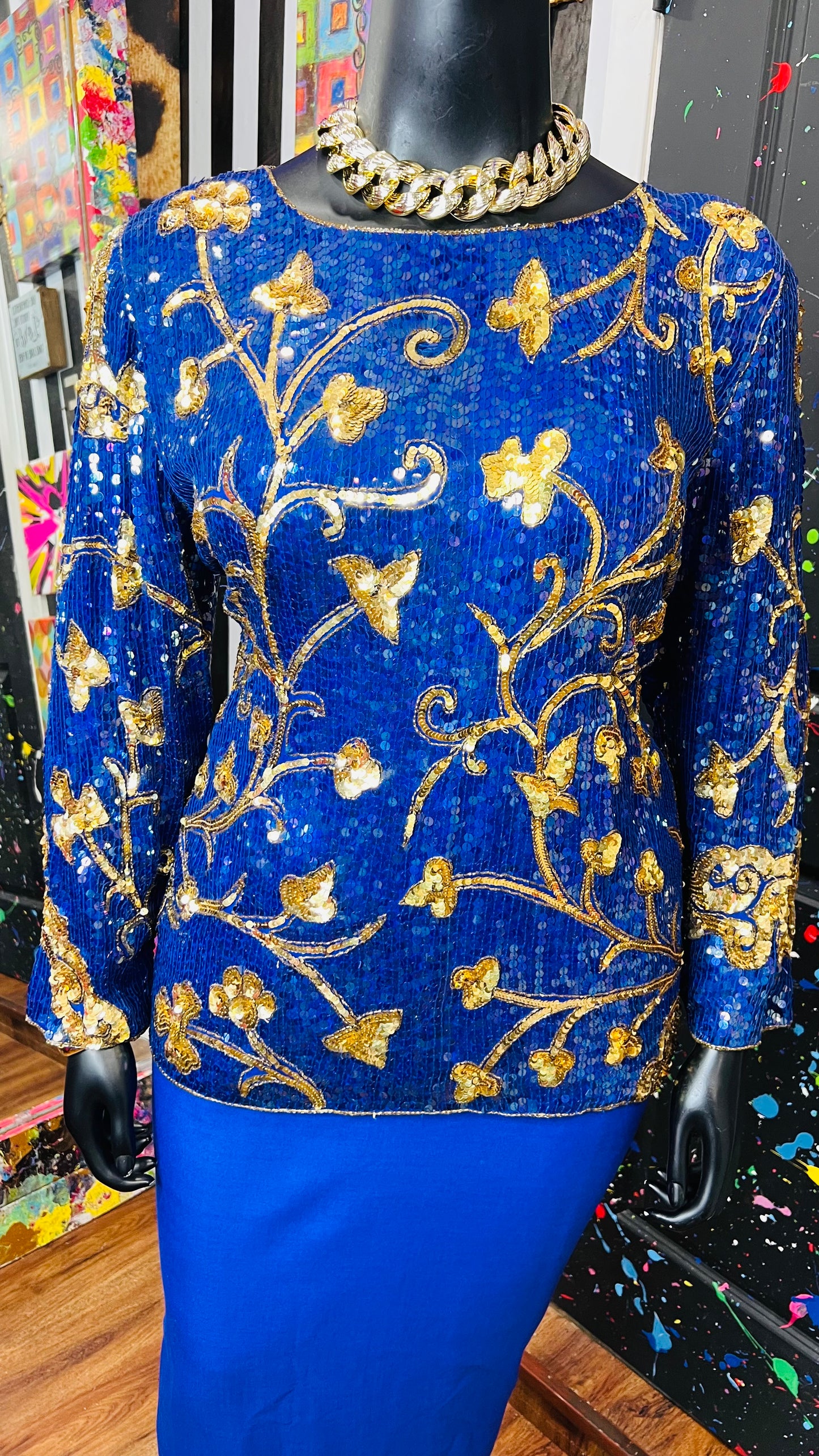 Vintage Blue & Gold Sequin Blouse (14)