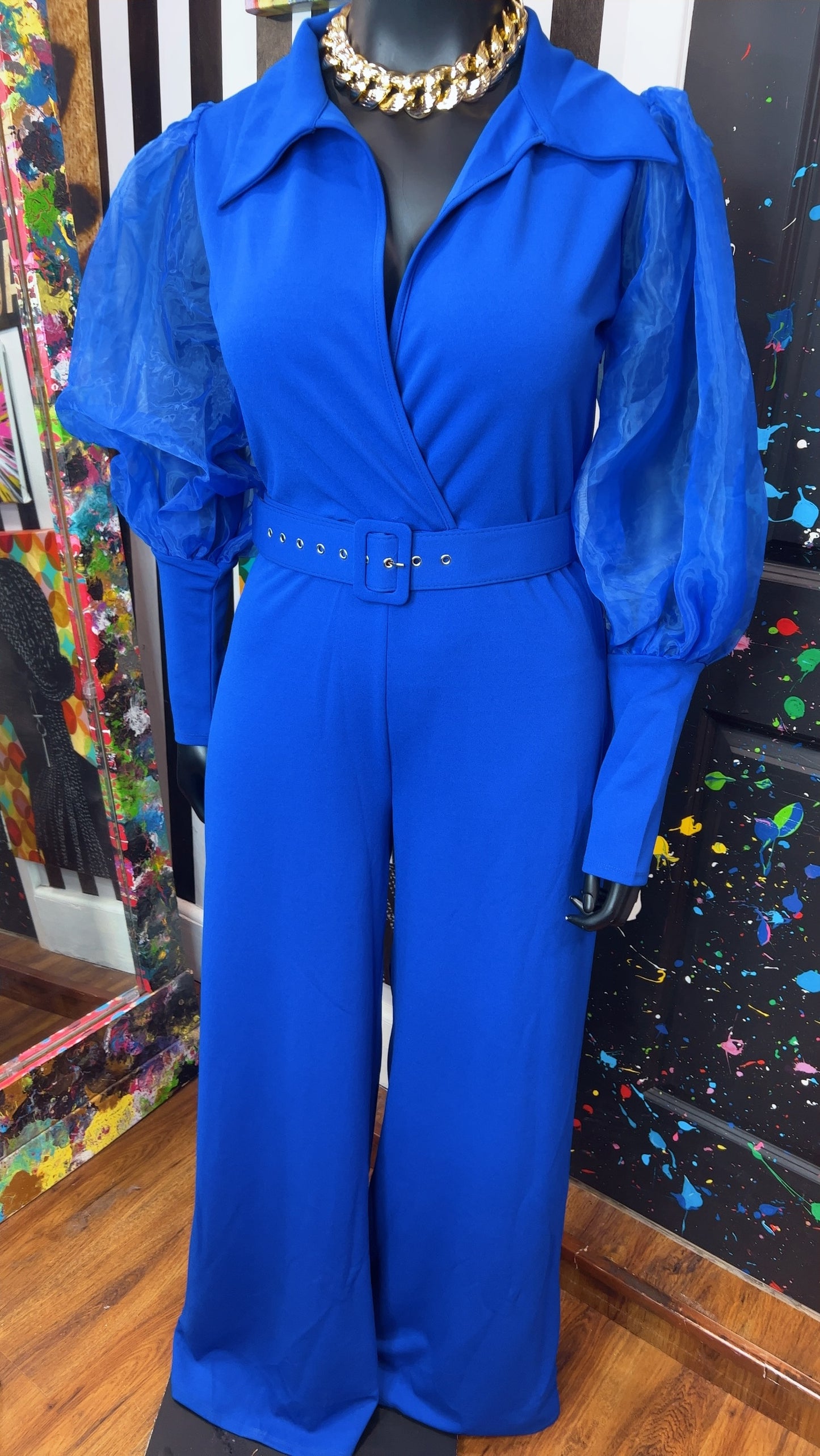 Cobalt Blue Sheer Arms Jumpsuit -New w/ Tags (14/16)