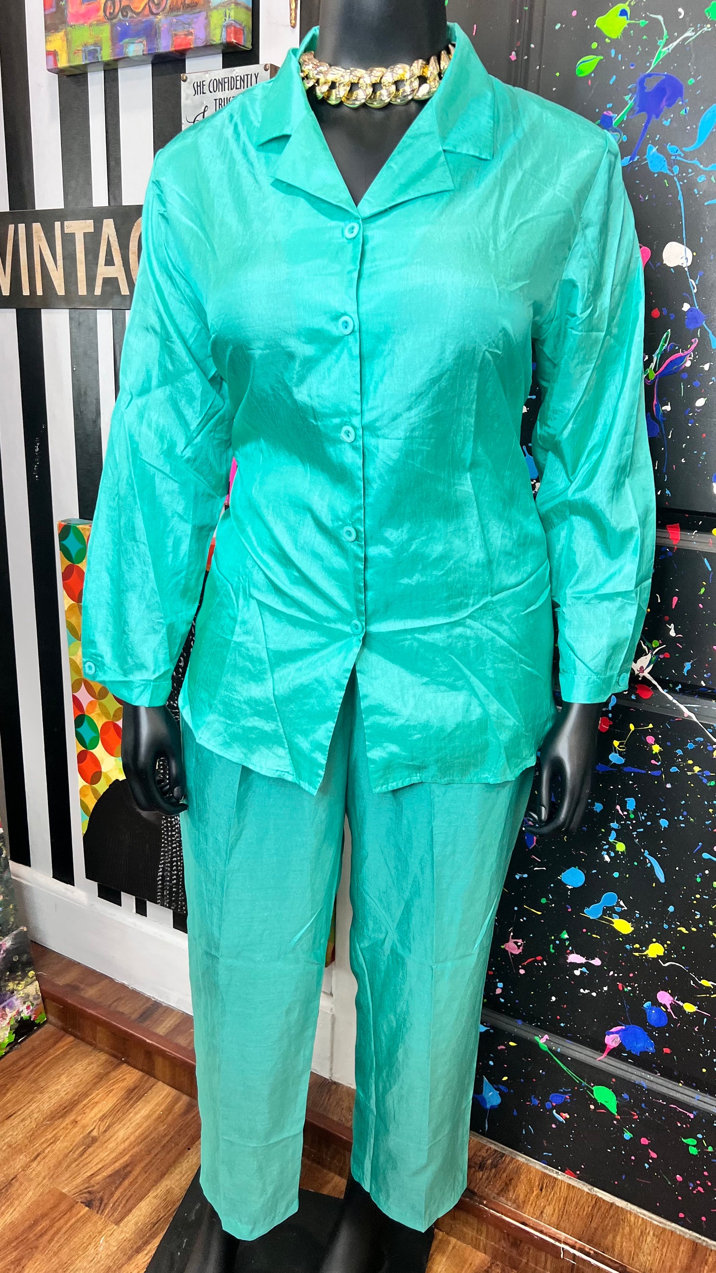 Vintage Teal Polyester Light Weight Pants Set (16/18)