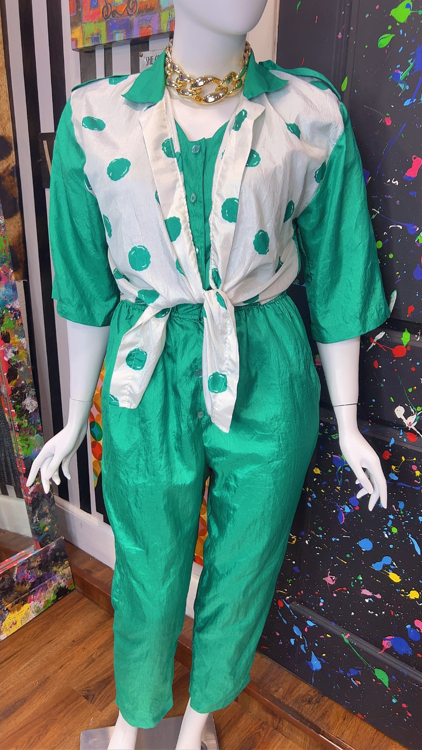 Vintage Green Jumpsuit w/ White & Green Polka Dots (14W)