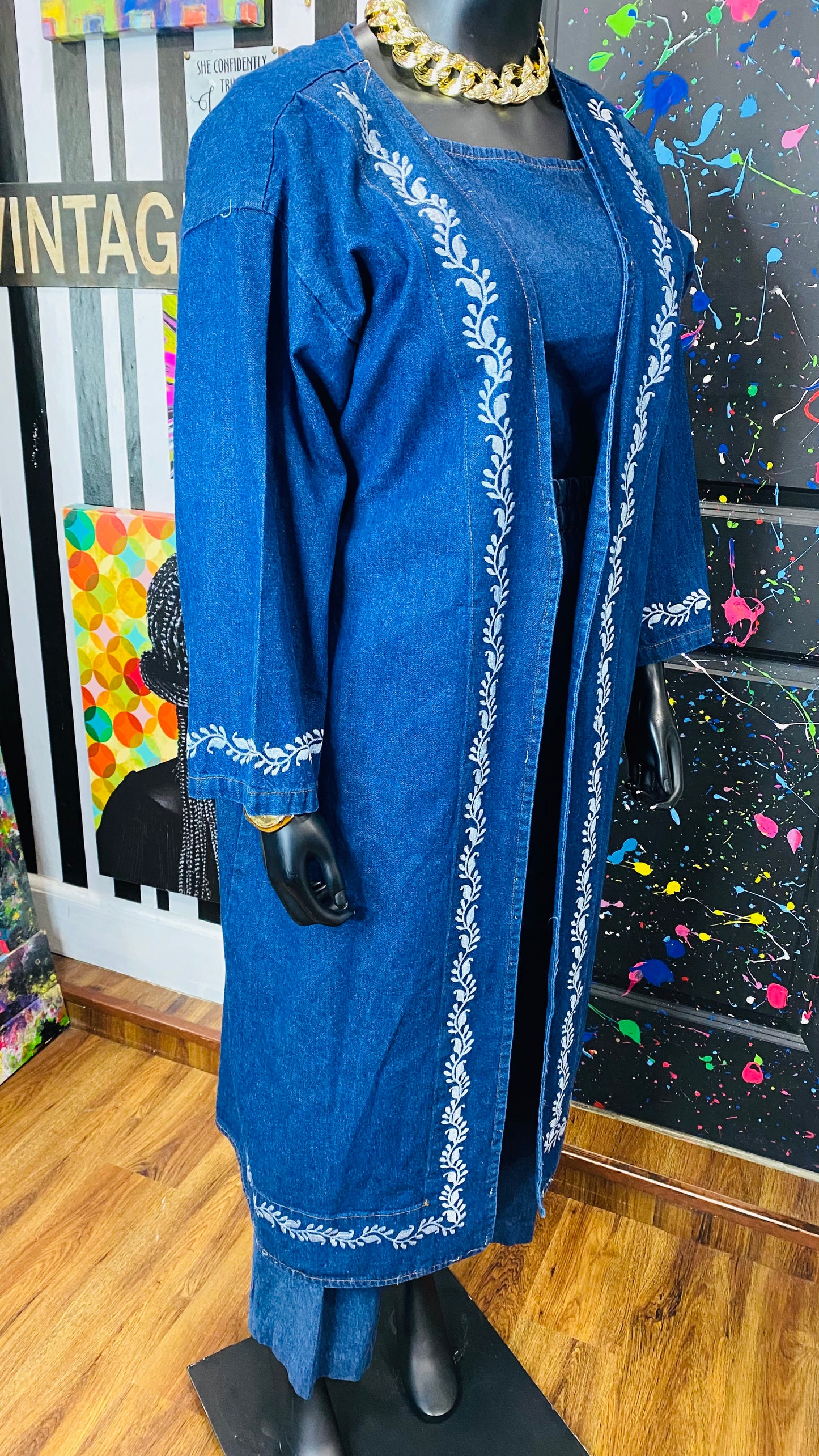 Vintage Denim Embroidered 3 Piece Pants Set (16/18)