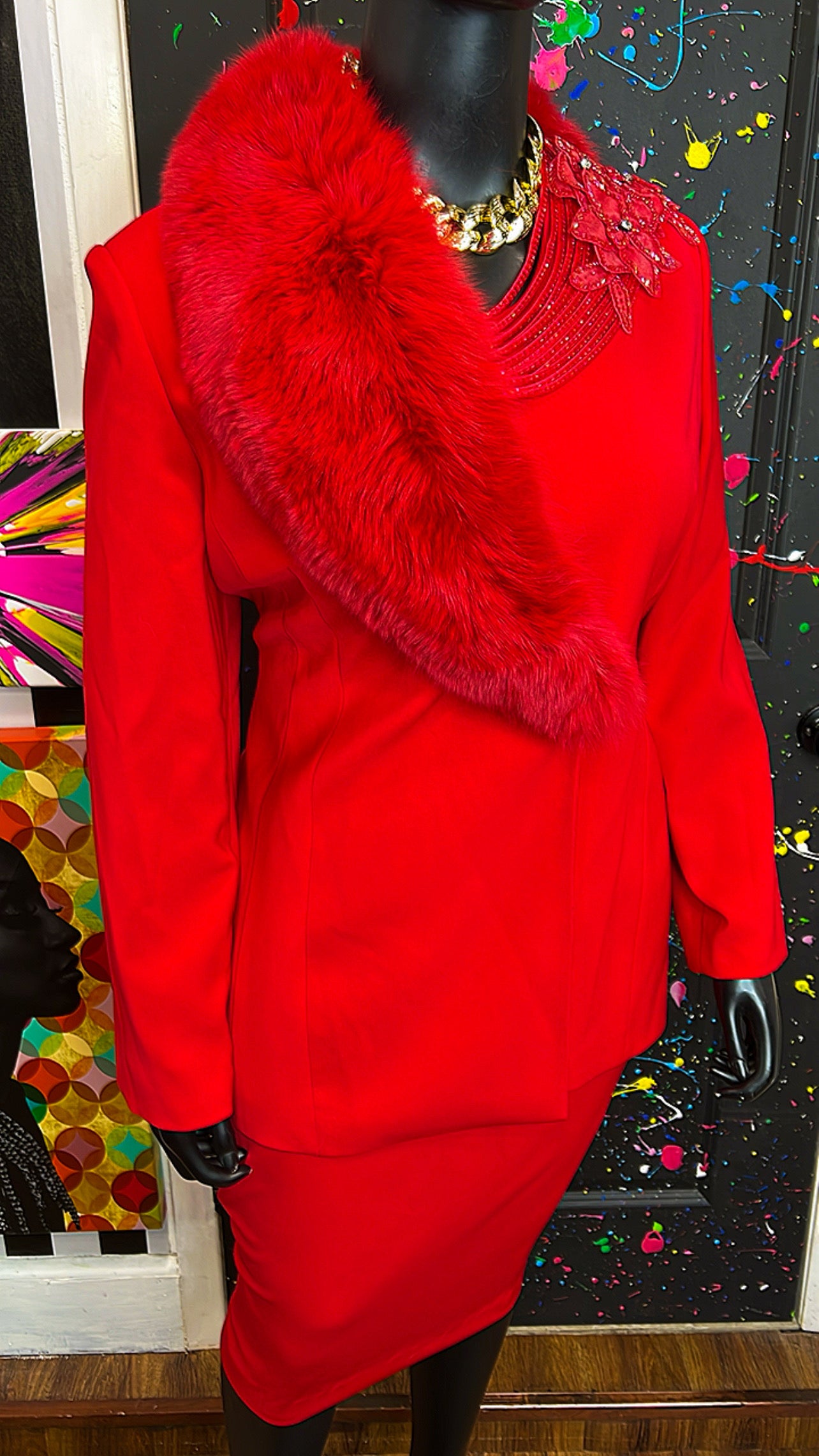 Vintage Couture Red Faux Fur Skirt Suit (20)