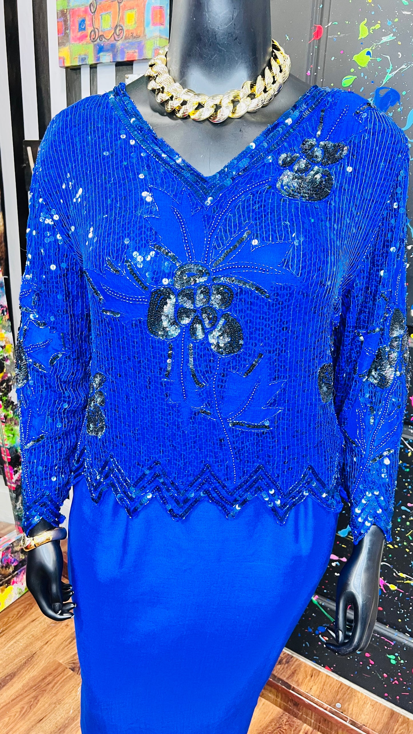 Vintage Blue & Black 100% Silk Sequin Blouse - Deadstock New w/Tags (18)