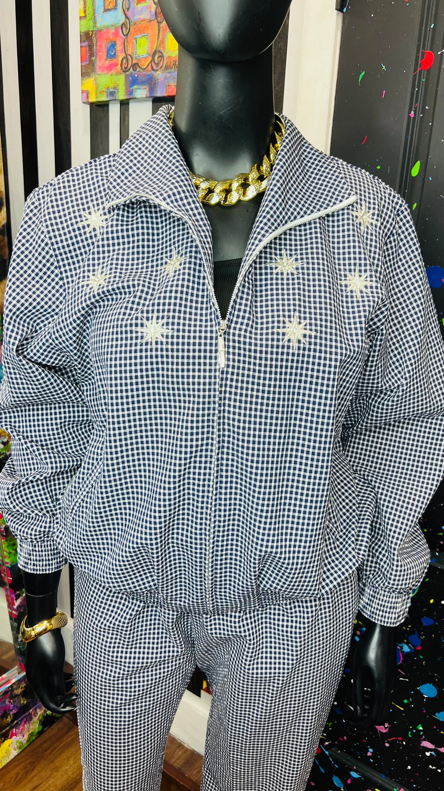 Vintage Navy Blue & White Checkered Pants Set (18)