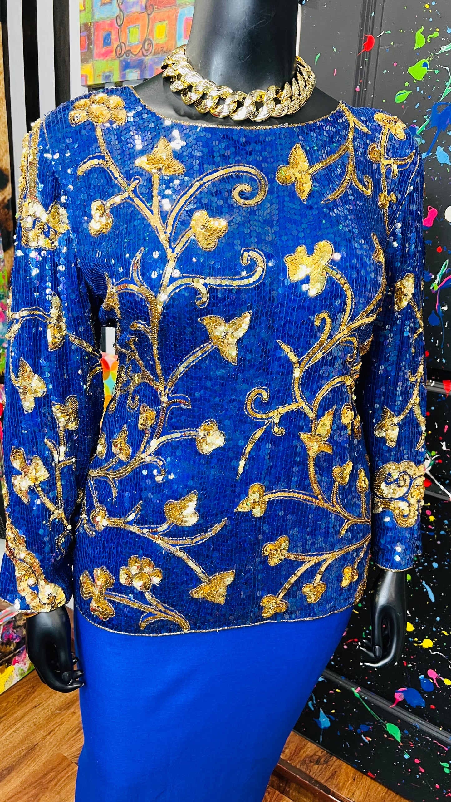 Vintage Blue & Gold Sequin Blouse (14)