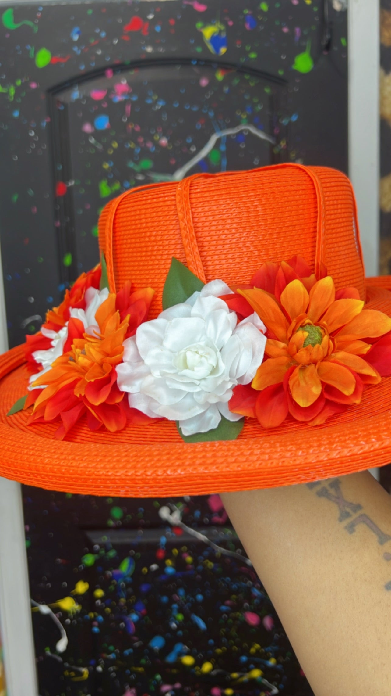 Vintage Straw Orange Floral Hat