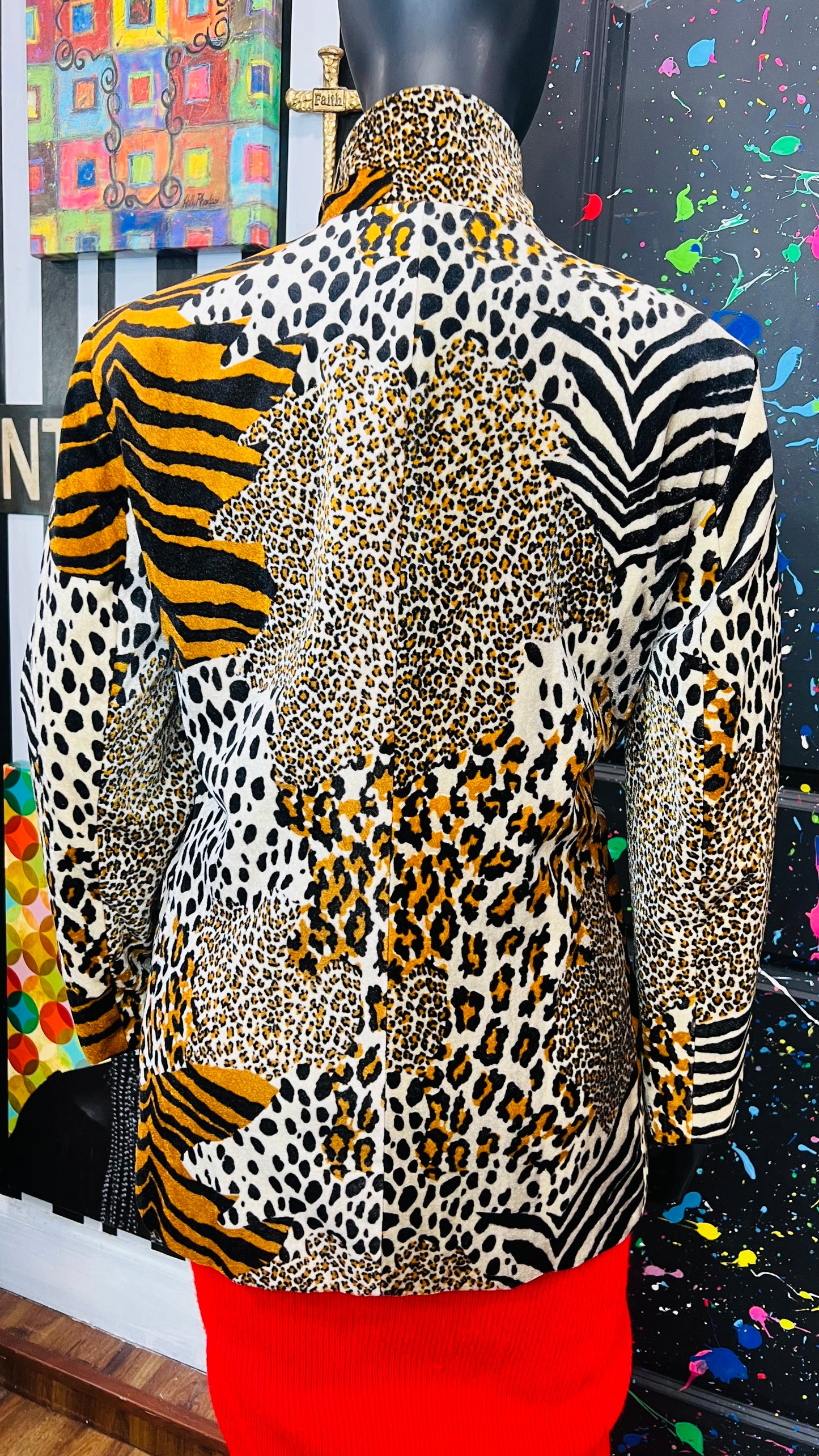 Vintage Faux Fur Mix Animal Print Double Breasted Blazer
(20W)