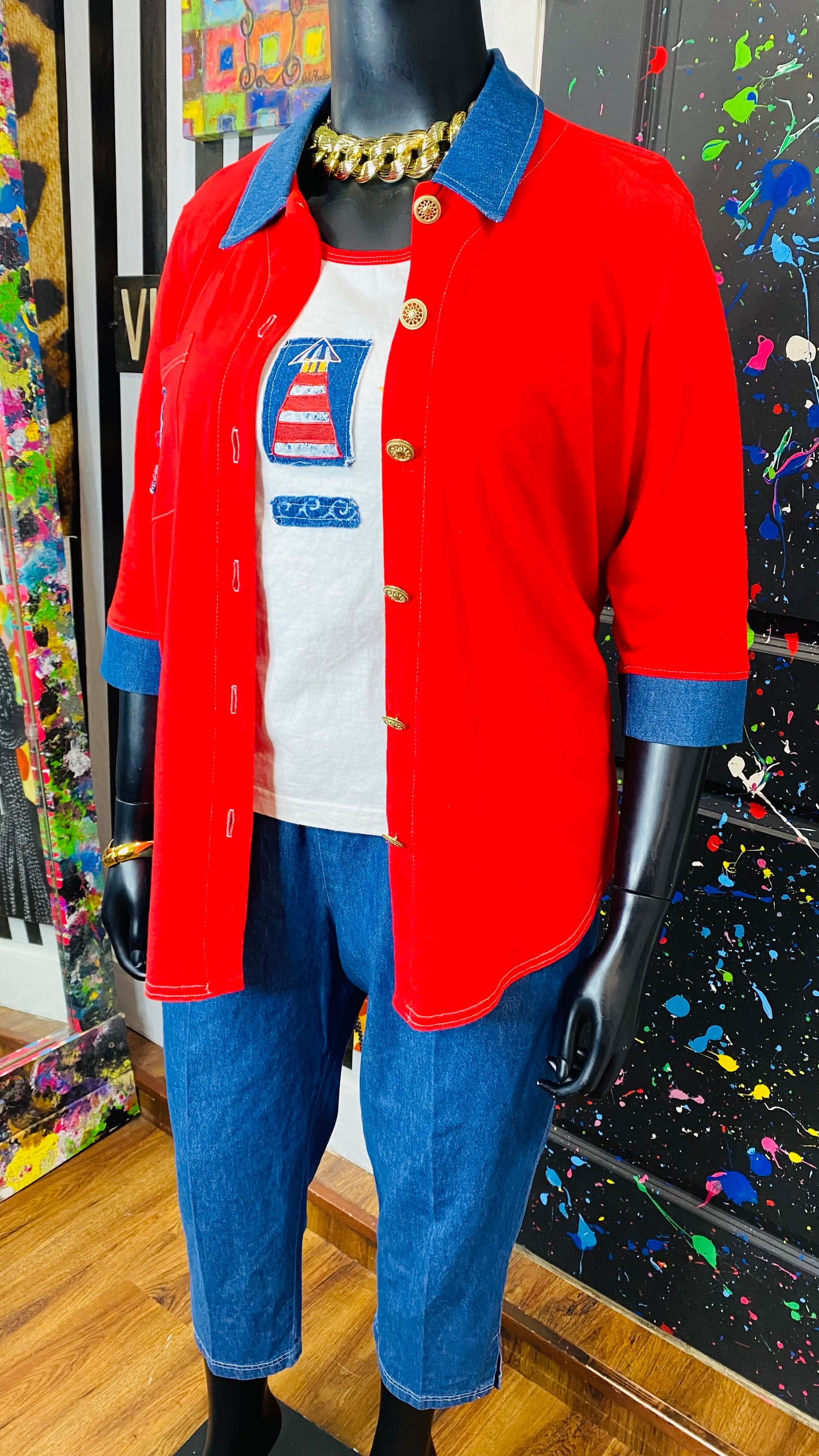 Vintage Cotton Red Blouse, Capri & Top Blouse Set (14/16)