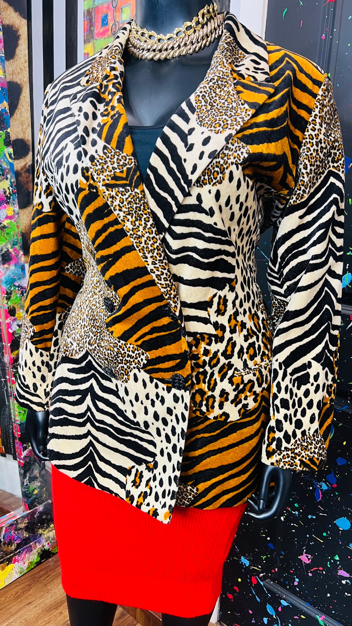 Vintage Faux Fur Mix Animal Print Double Breasted Blazer
(20W)