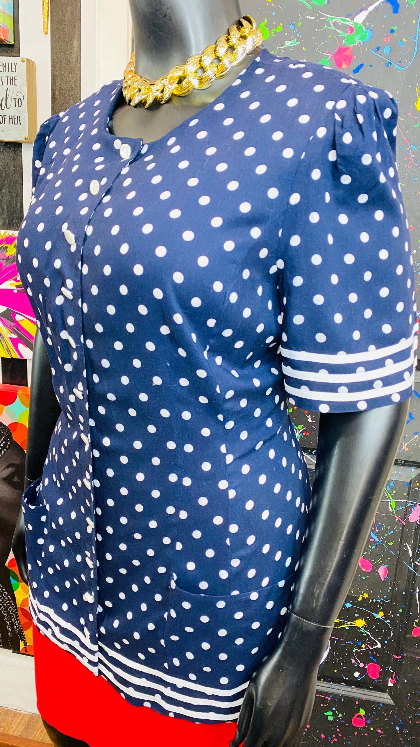 Vintage Navy Blue & White Striped & Polka Dot Blouse (18)