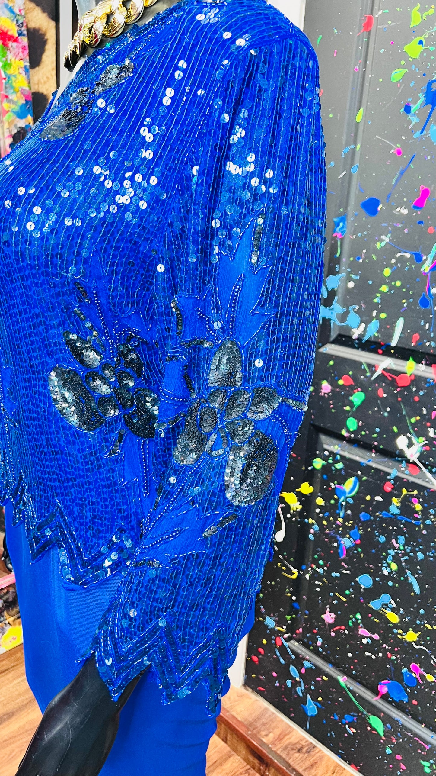 Vintage Blue & Black 100% Silk Sequin Blouse - Deadstock New w/Tags (18)